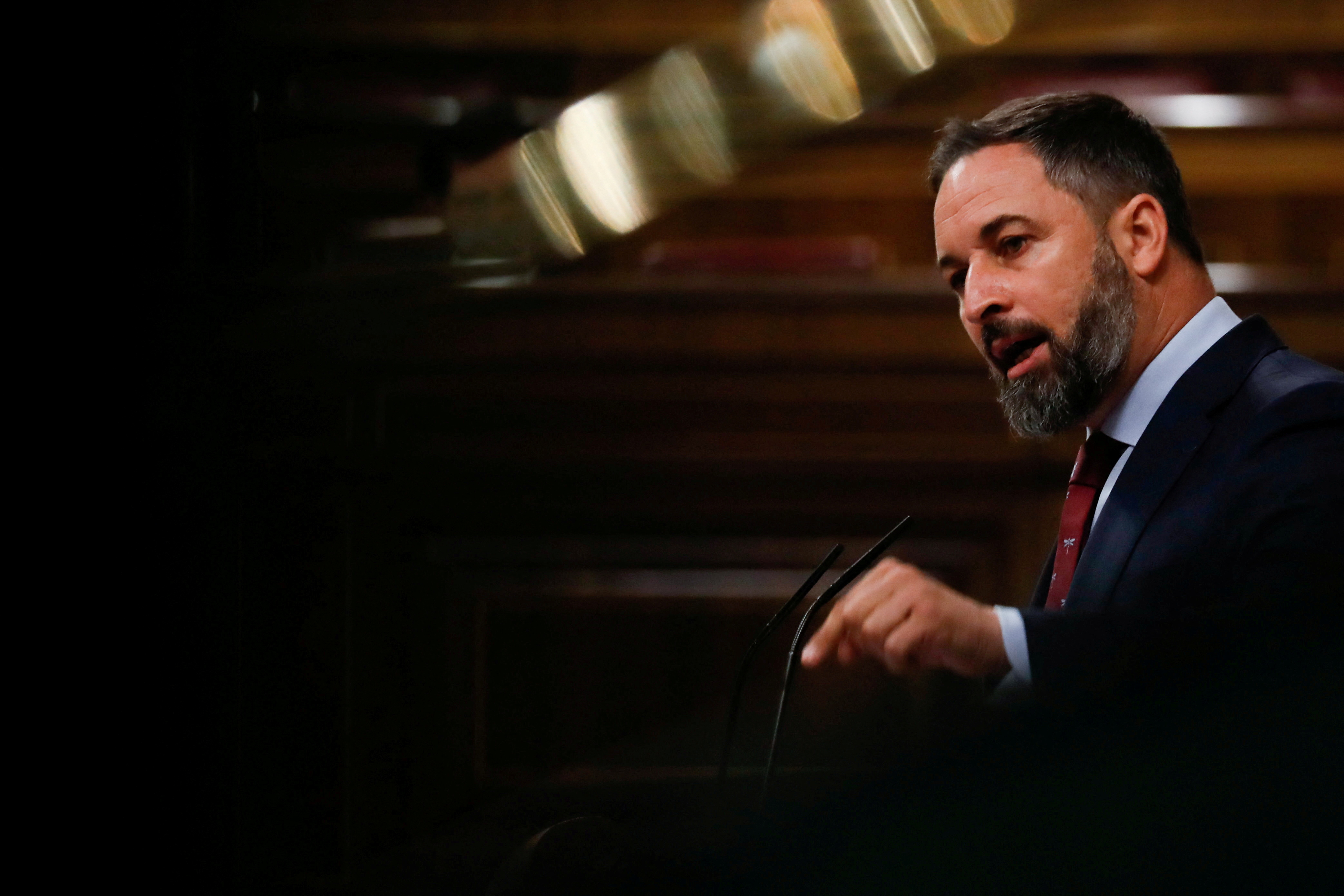 Santiago Abascal, leader of far-right party Vox, speaks during a session at Parliament in Madrid