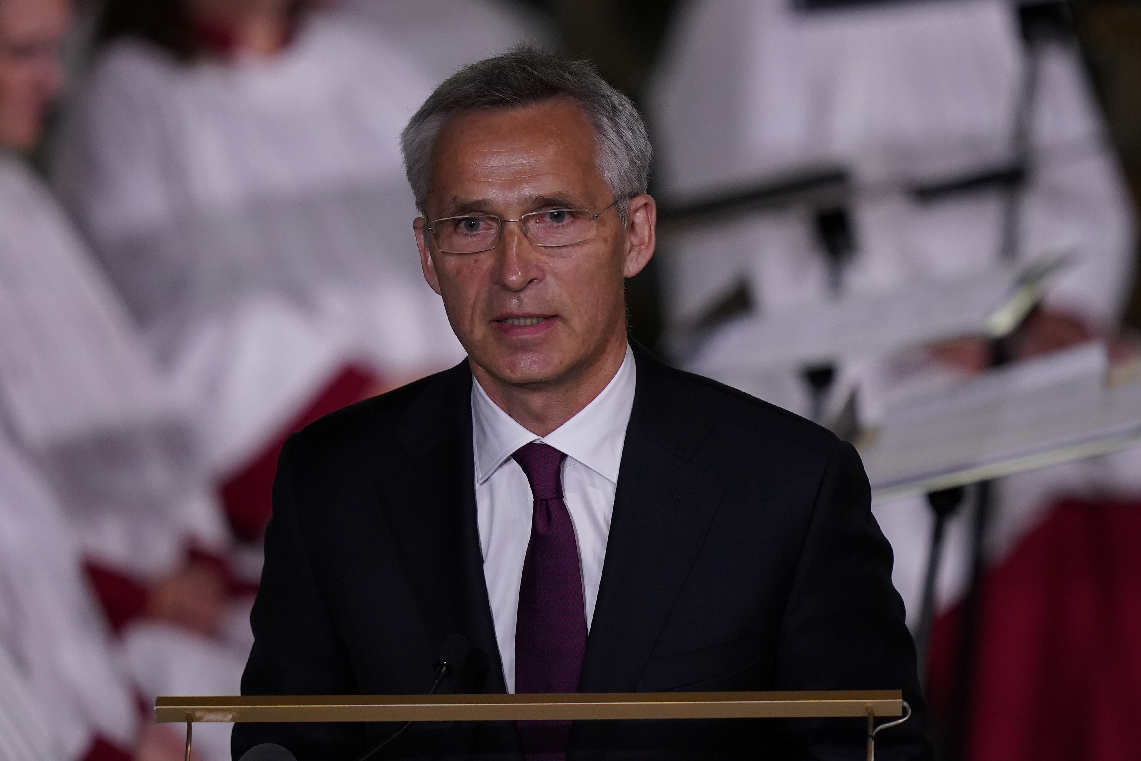 NATO Secretary General Jens Stoltenberg gives a speech during a memorial service at the Oslo Cathedral ten years after the Oslo and Utoeya island bomb attack, in Oslo, Norway, July 22, 2021. NTB/Torstein Boee/via REUTERS