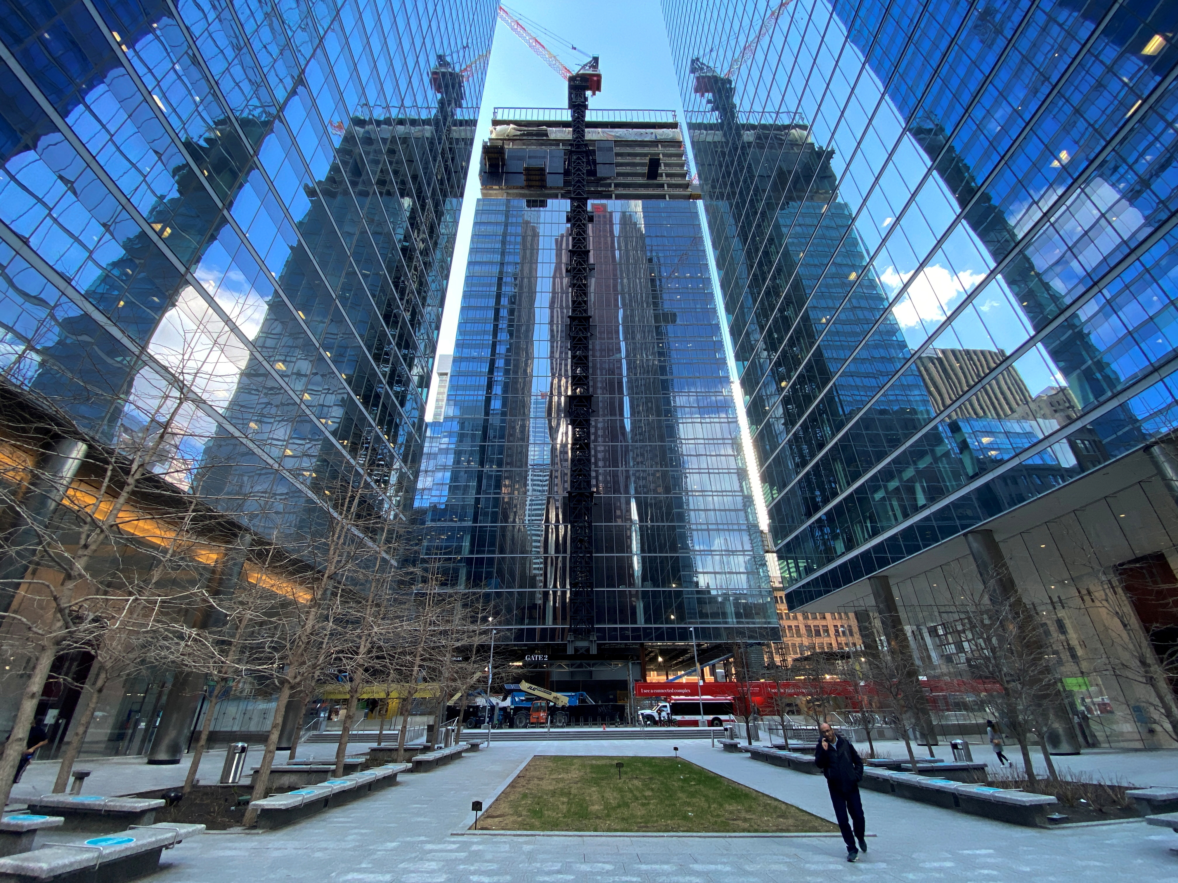 A construction crane is seen above Brookfield's Bay Adelaide North, the third office tower to be constructed at their Bay Adelaide Centre complex property in Toronto, Ontario, Canada April 14, 2021.  REUTERS/Chris Helgren/File Photo
