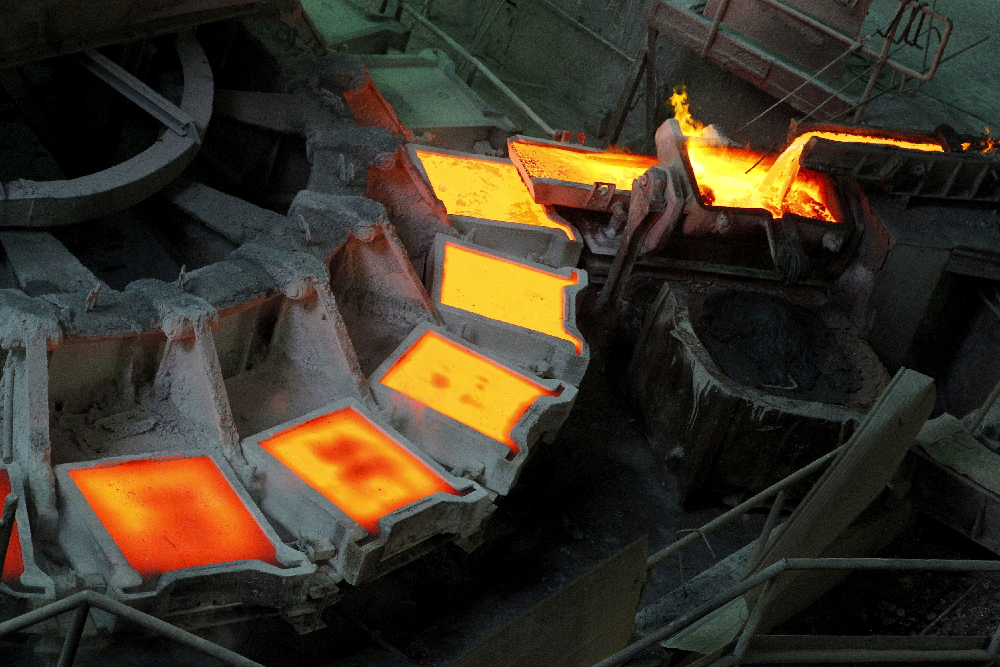 The cathode manufacturing process is pictured inside a plant at a Chilean copper smelter