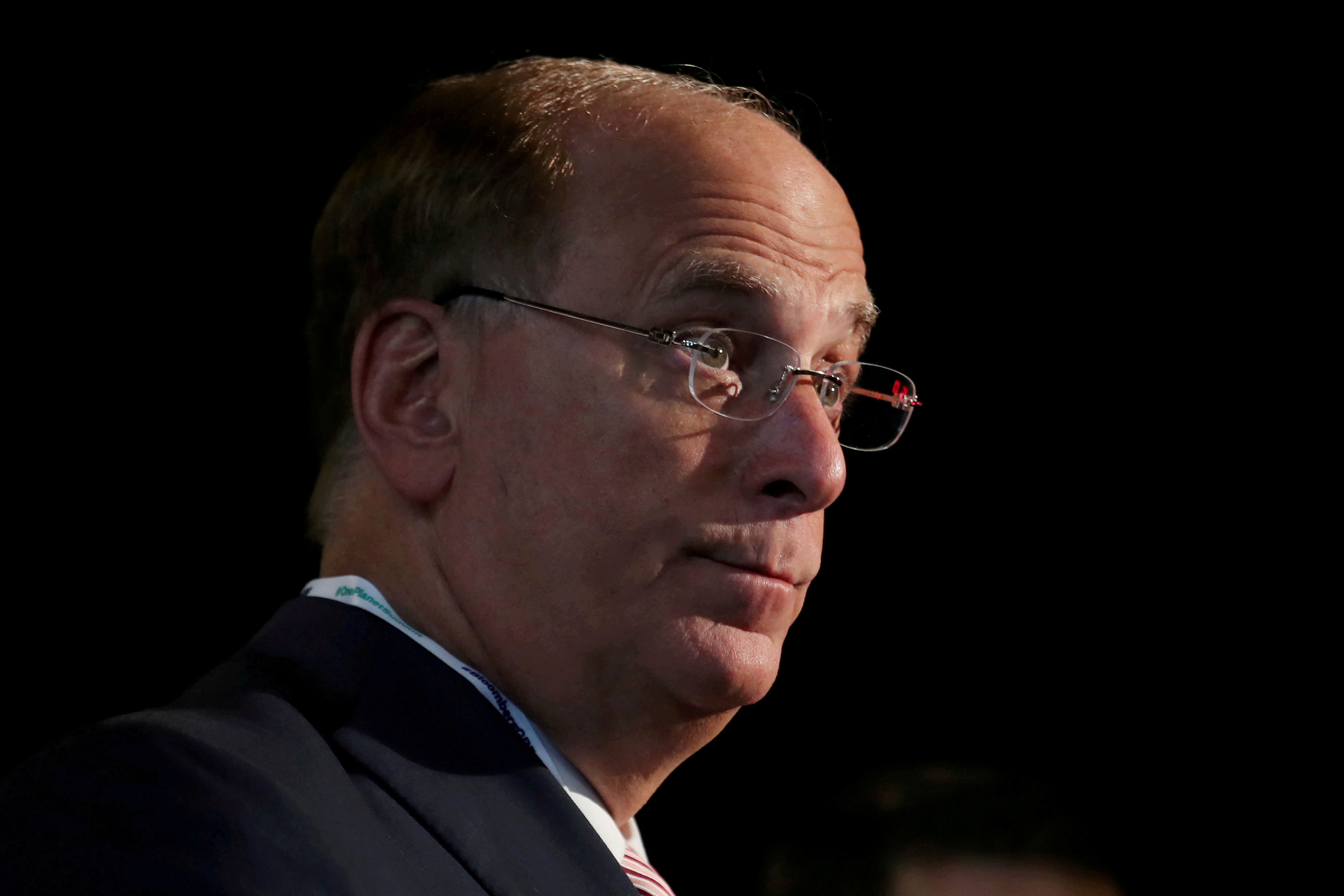 FILE PHOTO: Larry Fink, Chief Executive Officer of BlackRock, stands at the Bloomberg Global Business forum in New York