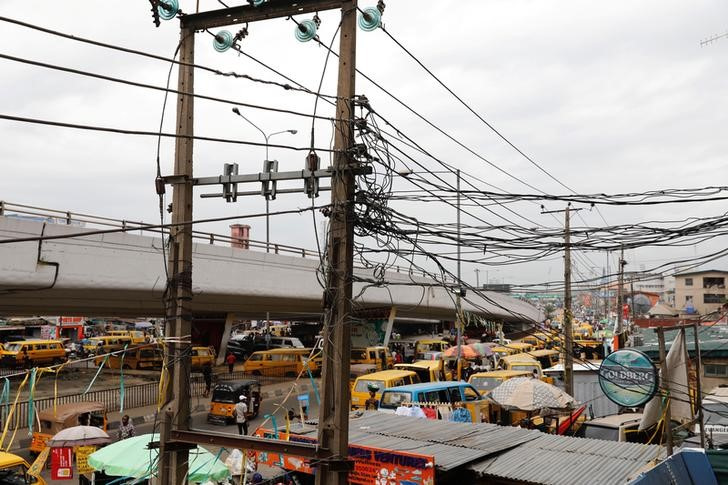 Electric wires are pictured in Ojuelegba district in Nigeria's commercial capital Lagos