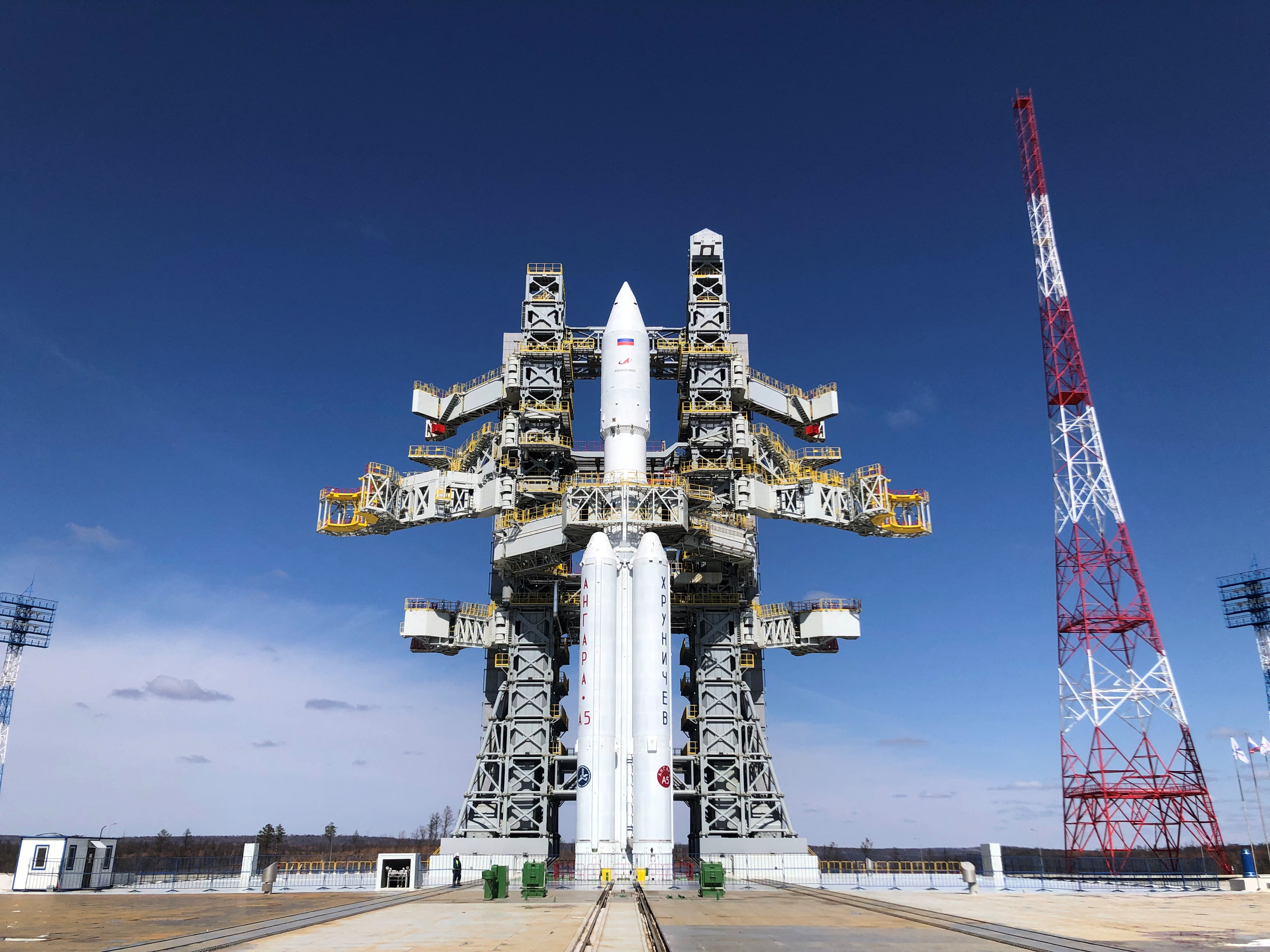 Angara-A5 rocket is seen on its launchpad at the Vostochny Cosmodrome