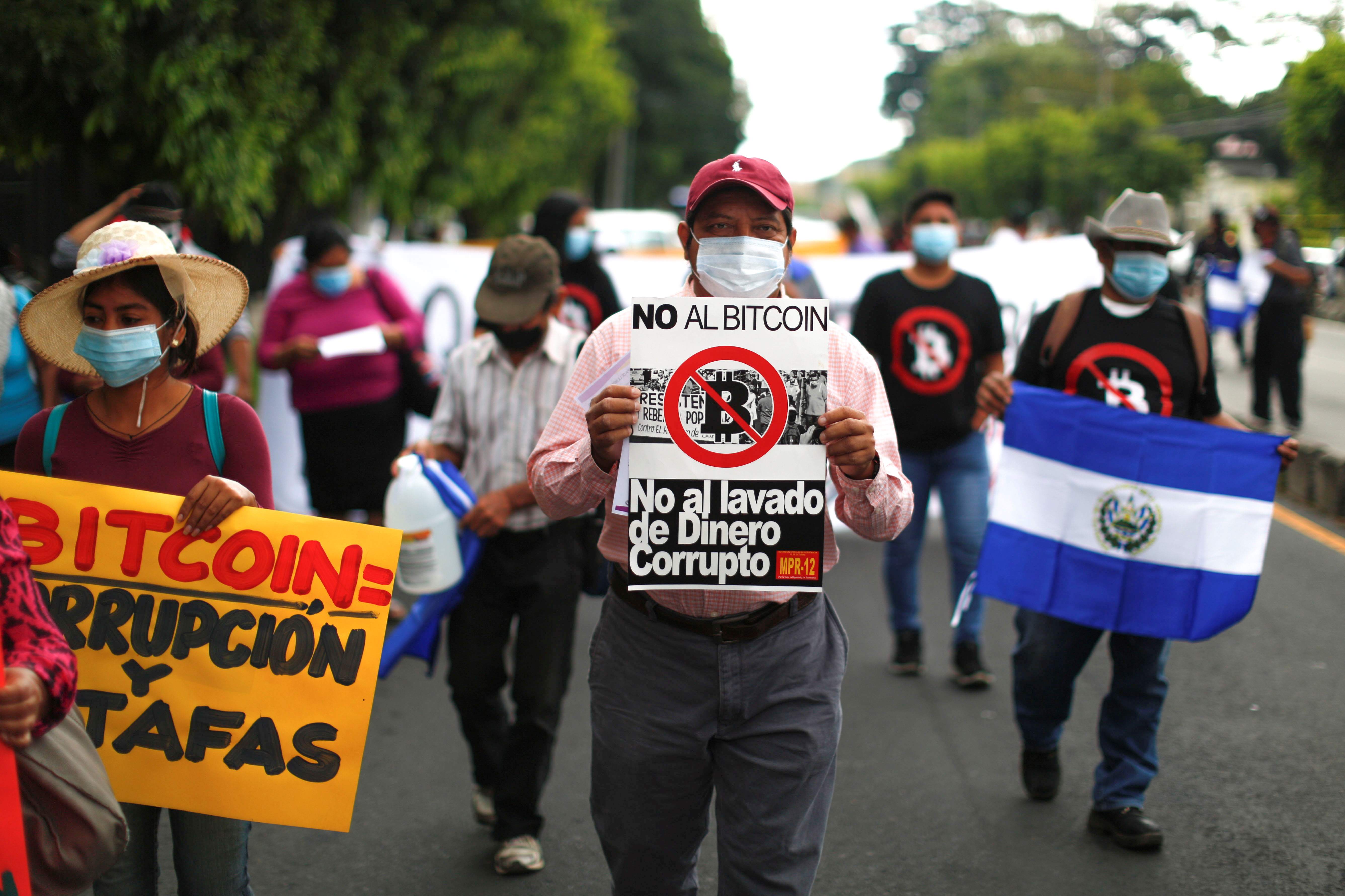Union members take part in a protest against the use of Bitcoin as legal tender in San Salvador, El Salvador, September 1, 2021. REUTERS/Jose Cabezas