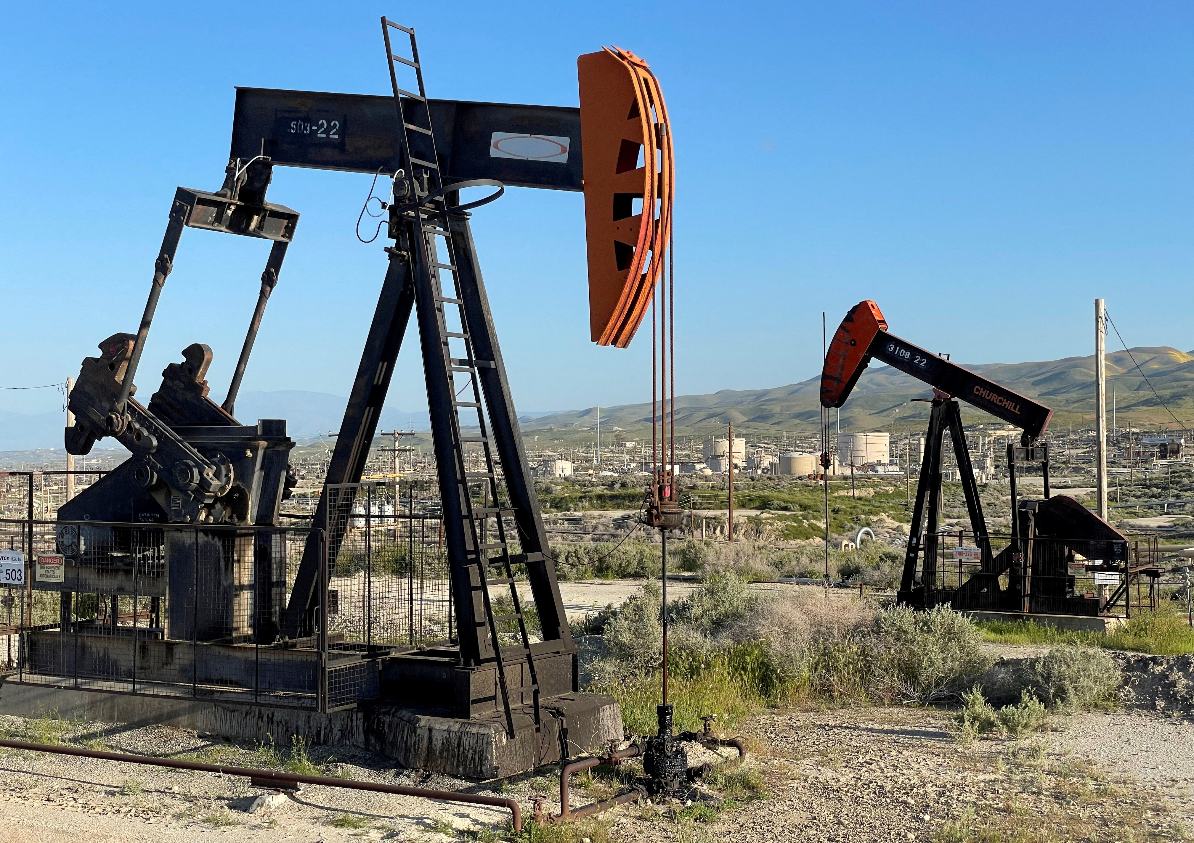 A general view of oil drilling equipment on federal land near Fellows, California