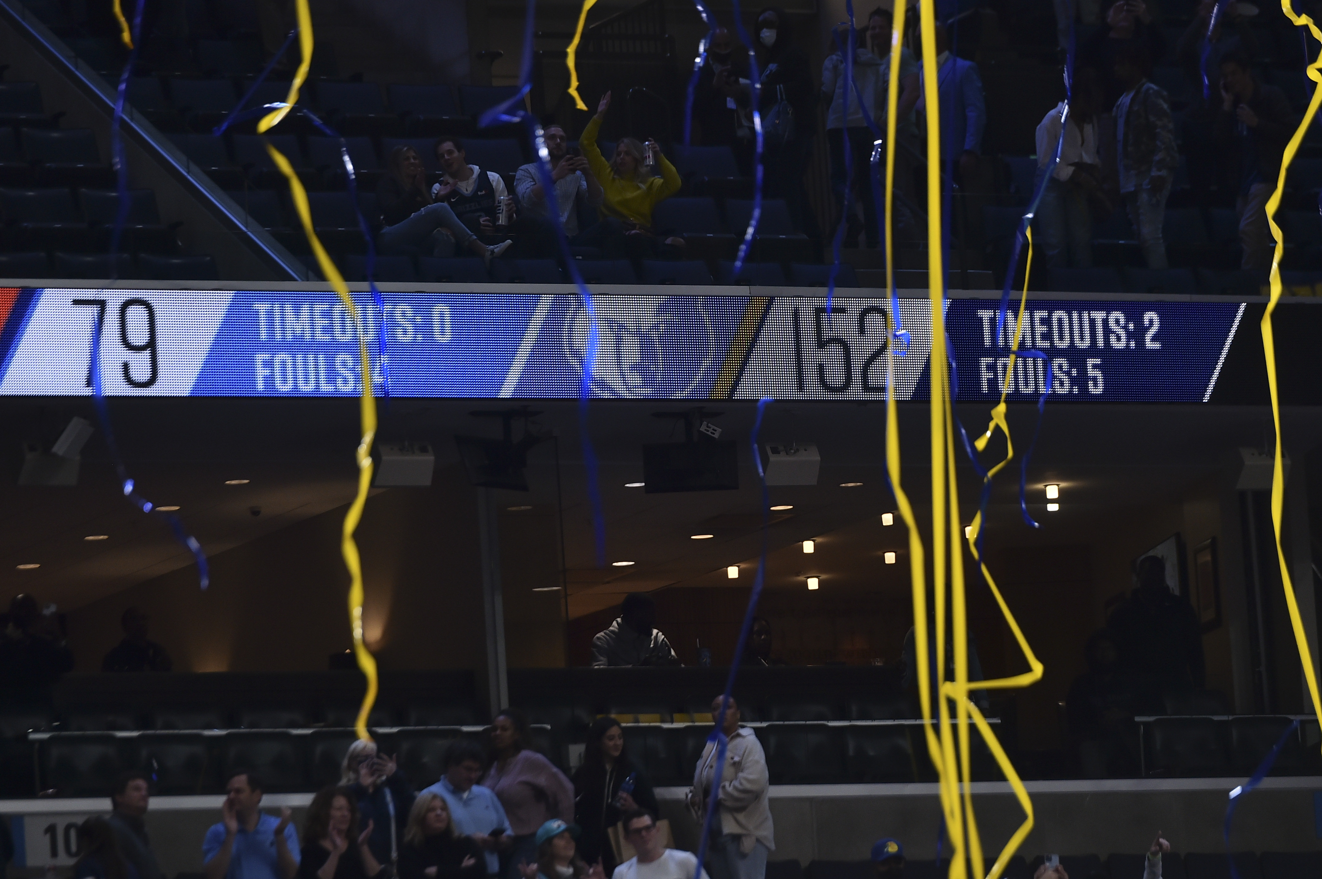 Dec 2, 2021; Memphis, Tennessee, USA; A view of the scoreboard after the Memphis Grizzlies defeated the Oklahoma City Thunder  at FedExForum. Mandatory Credit: Justin Ford-USA TODAY Sports