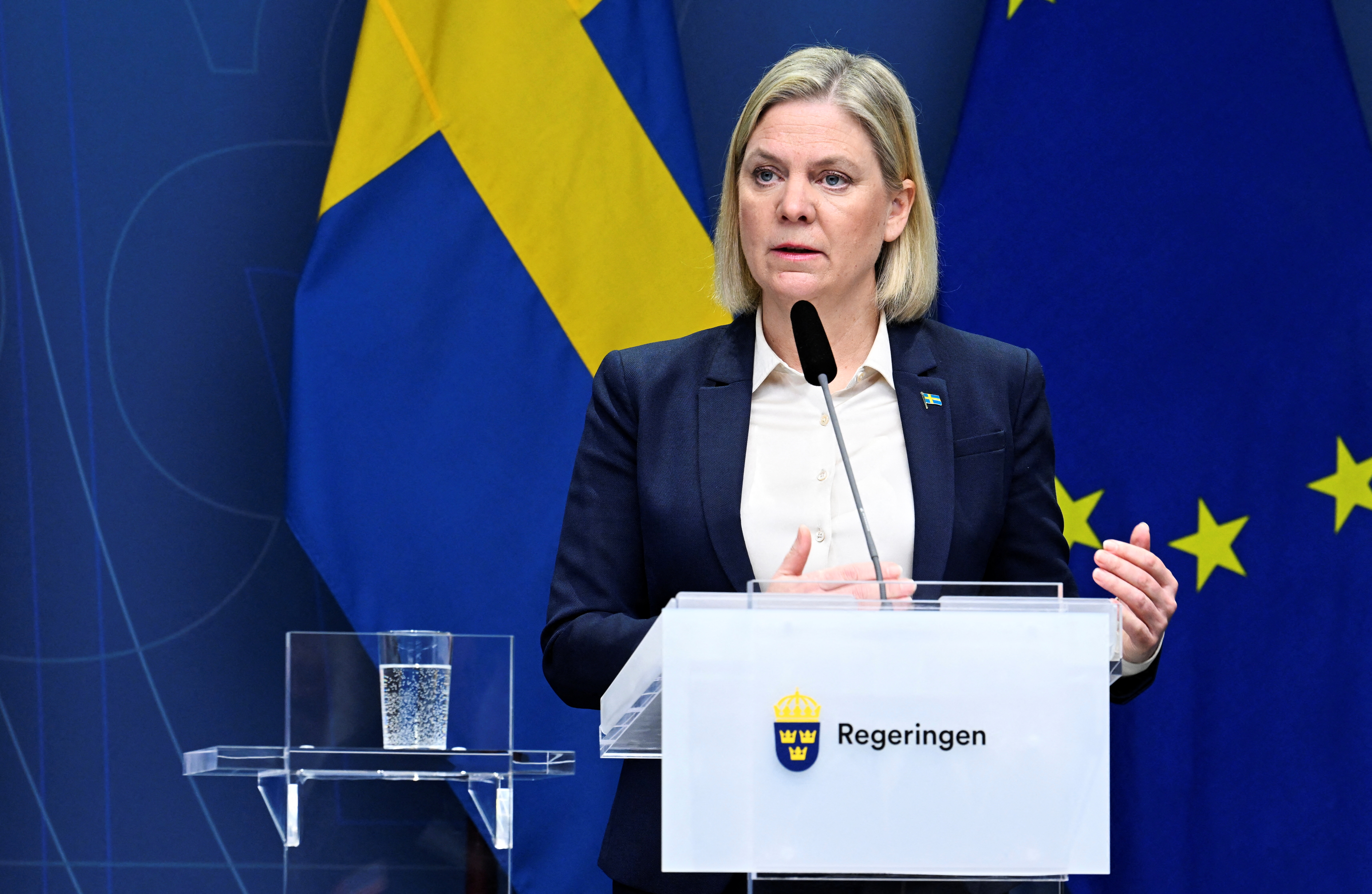 Swedish Prime Minister Andersson and Defence Minister Hultqvist attend news conference in Stockholm