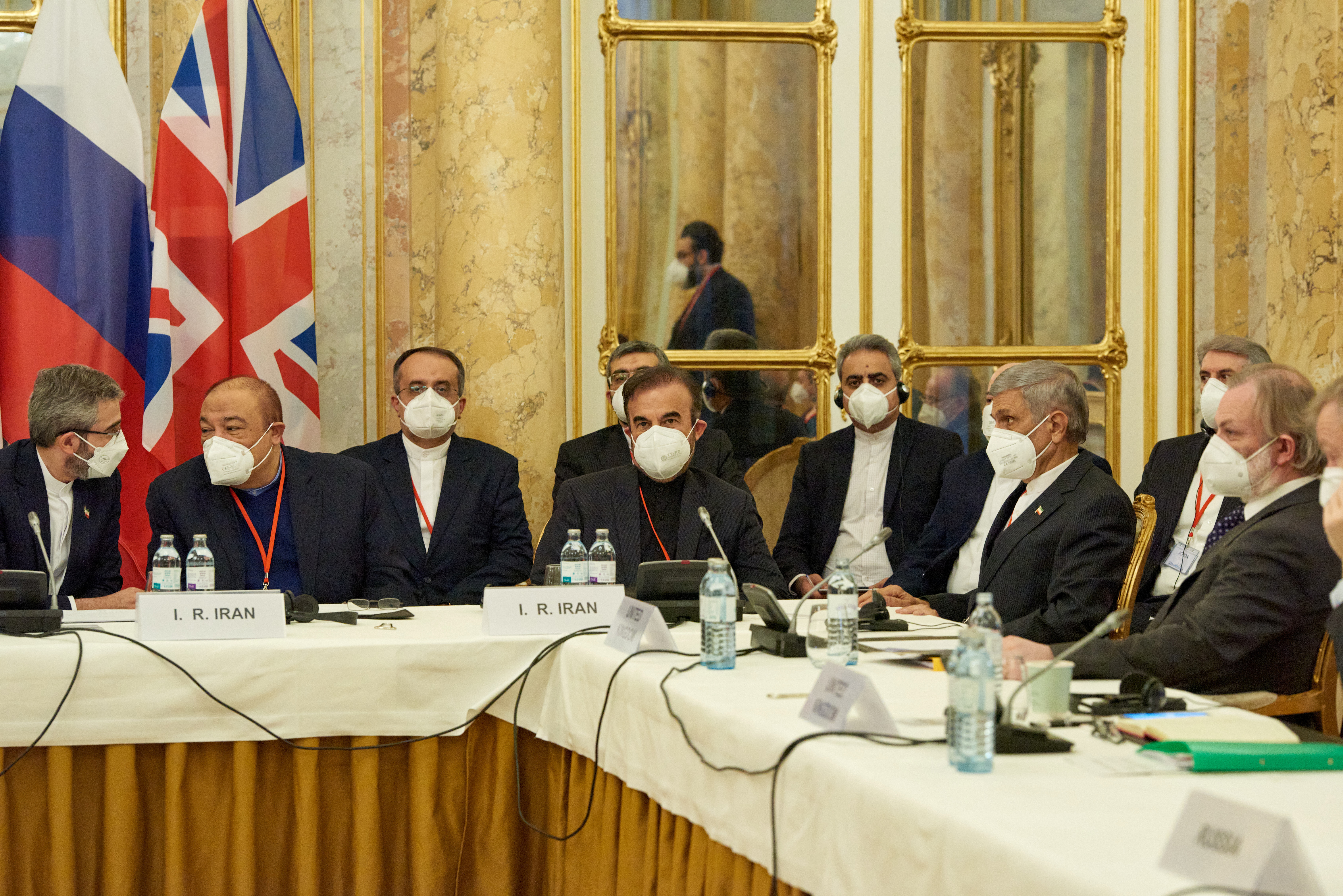Iran's chief nuclear negotiator Ali Bagheri Kani and members of the Iranian delegation wait for the start of a meeting of the JCPOA Joint Commission in Vienna, Austria November 29, 2021. EU Delegation in Vienna/Handout via REUTERS 