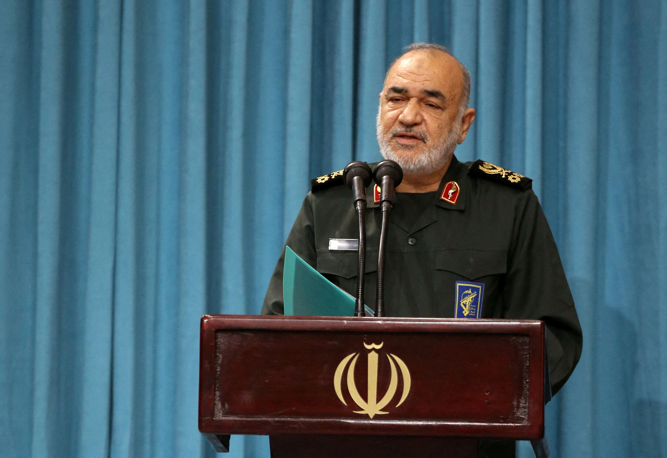 IRGC Commander-in-Chief Major General Hossein Salami speaks during a meeting with Iran's Supreme Leader Ayatollah Ali Khamenei in Tehran