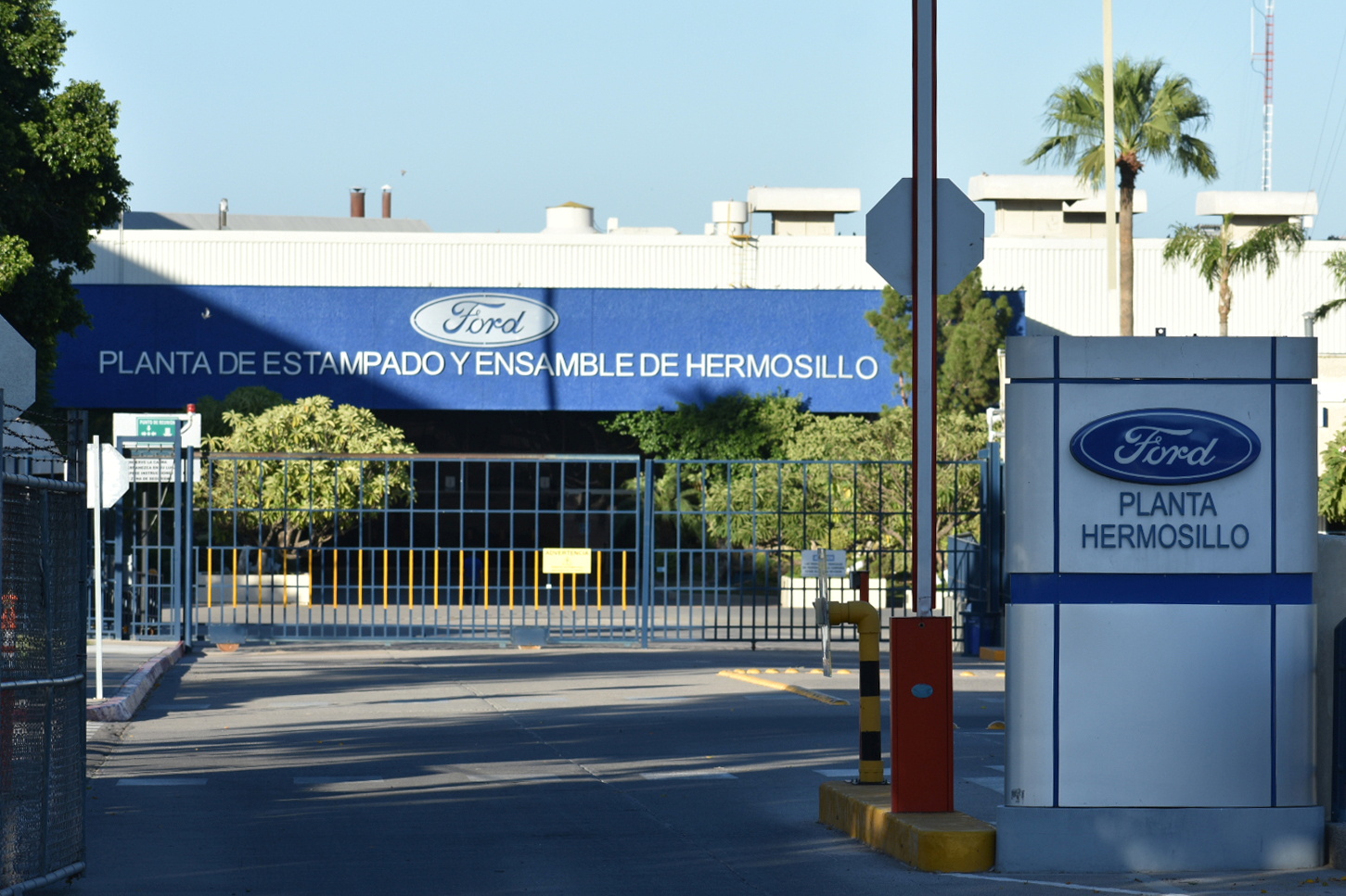 General view shows a part of a plant's facade after U.S. automaker suspended production for two days, in Hermosillo