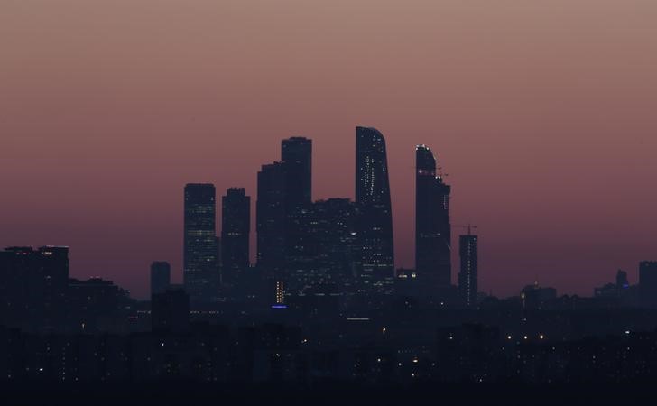 A general view shows the skyscrapers of the Moscow International Business Centre during sunset in Moscow