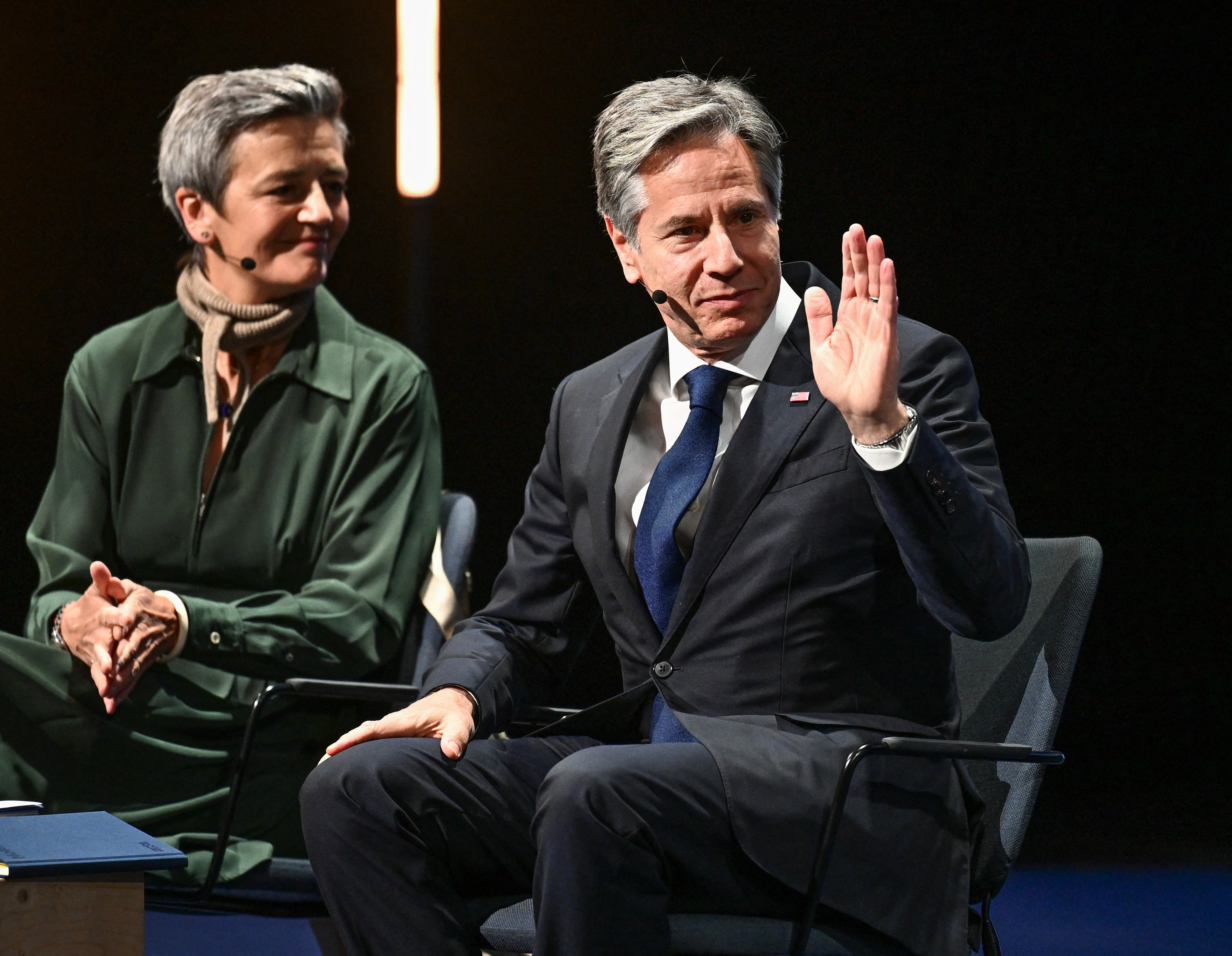 U.S. Secretary of State Blinken and European Commission Vice President Vestager attend a meeting, in Lulea