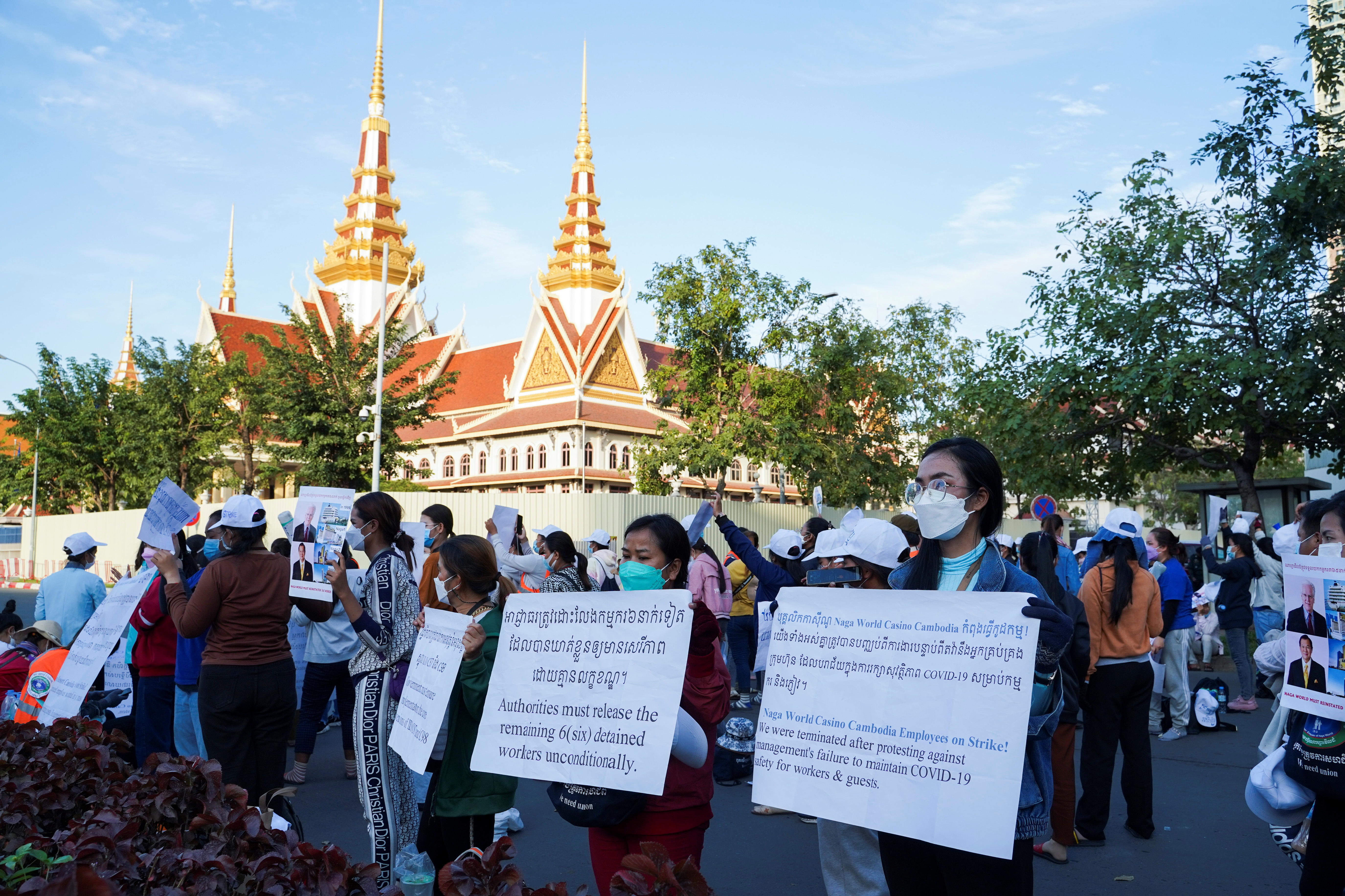 NagaWorld Casino worker protest outside the National Assembly building in Phnom Penh