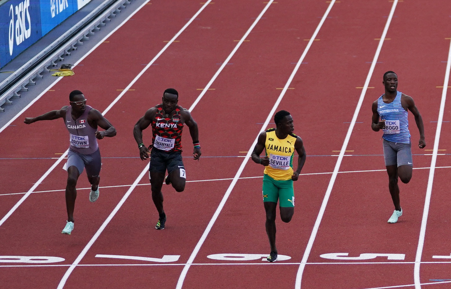 The winning Olympic 100-metre sprint times for men (blue points) and