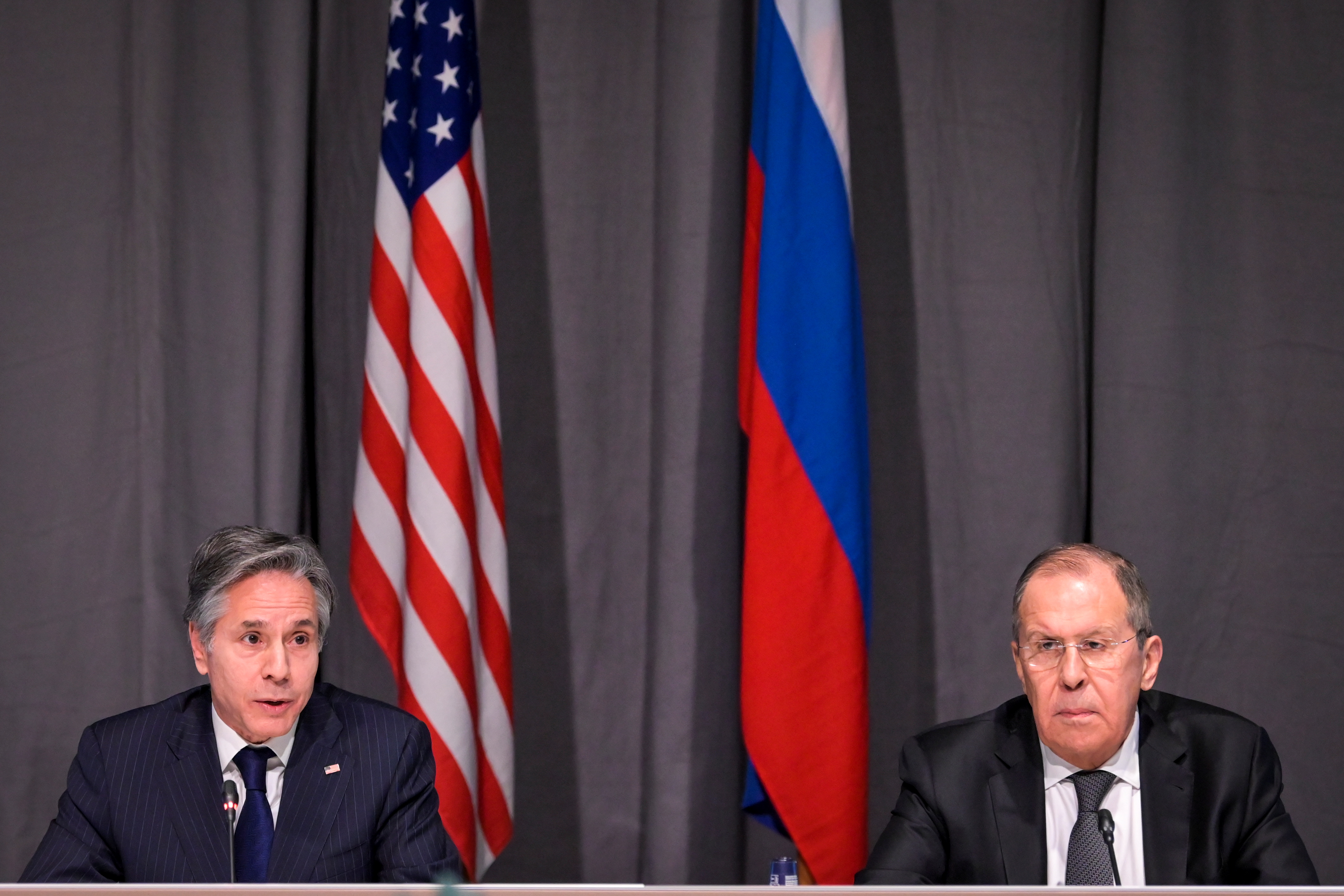 US Secretary of State Antony Blinken meets with Russian Foreign Minister Sergei Lavrov during a meeting of the Organization for Security and Co-operation in Europe, Stockholm, Sweden December 2, 2021. Jonathan Nackstrand/Pool via REUTERS