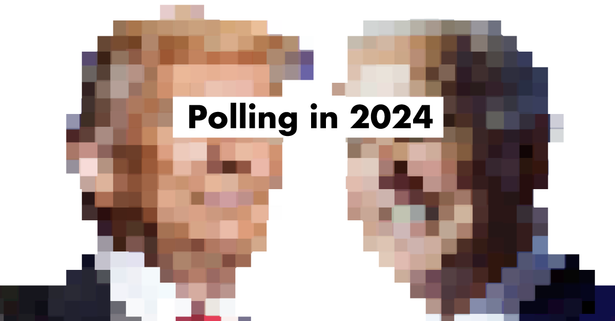 A pixelated composite image of Bident and Trump portraits facing each other with the words “Polling in 2024” across their eyes.
