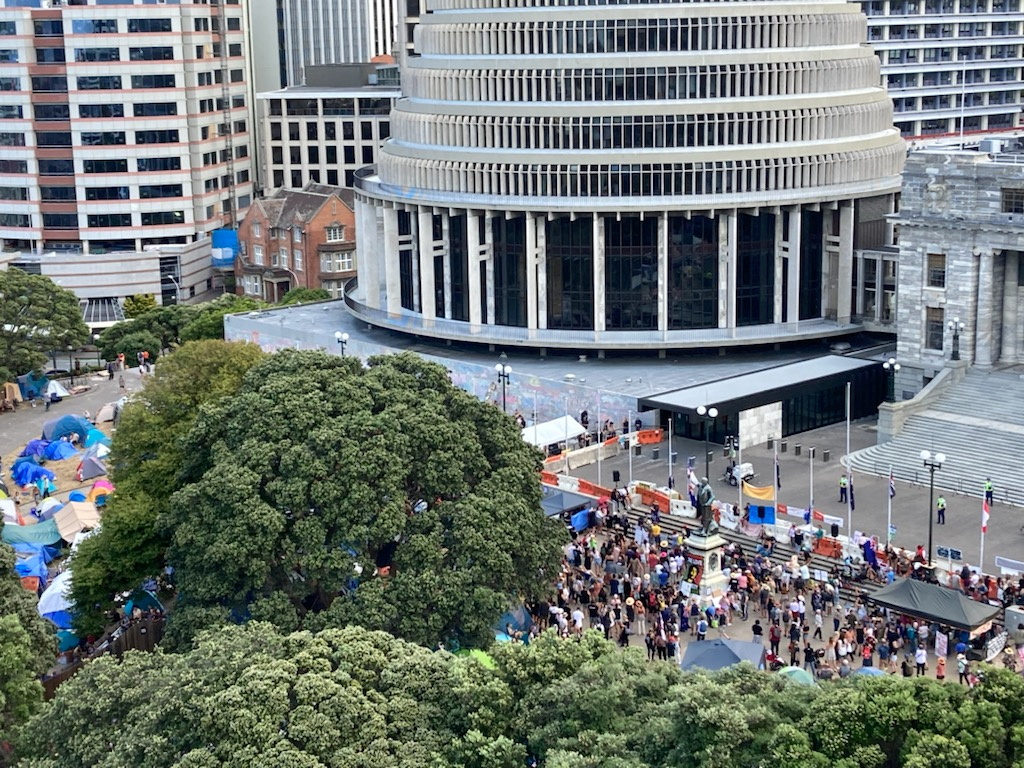 Anti-vaccine mandate protesters gather to demonstrate in front of the parliament building, in Wellington