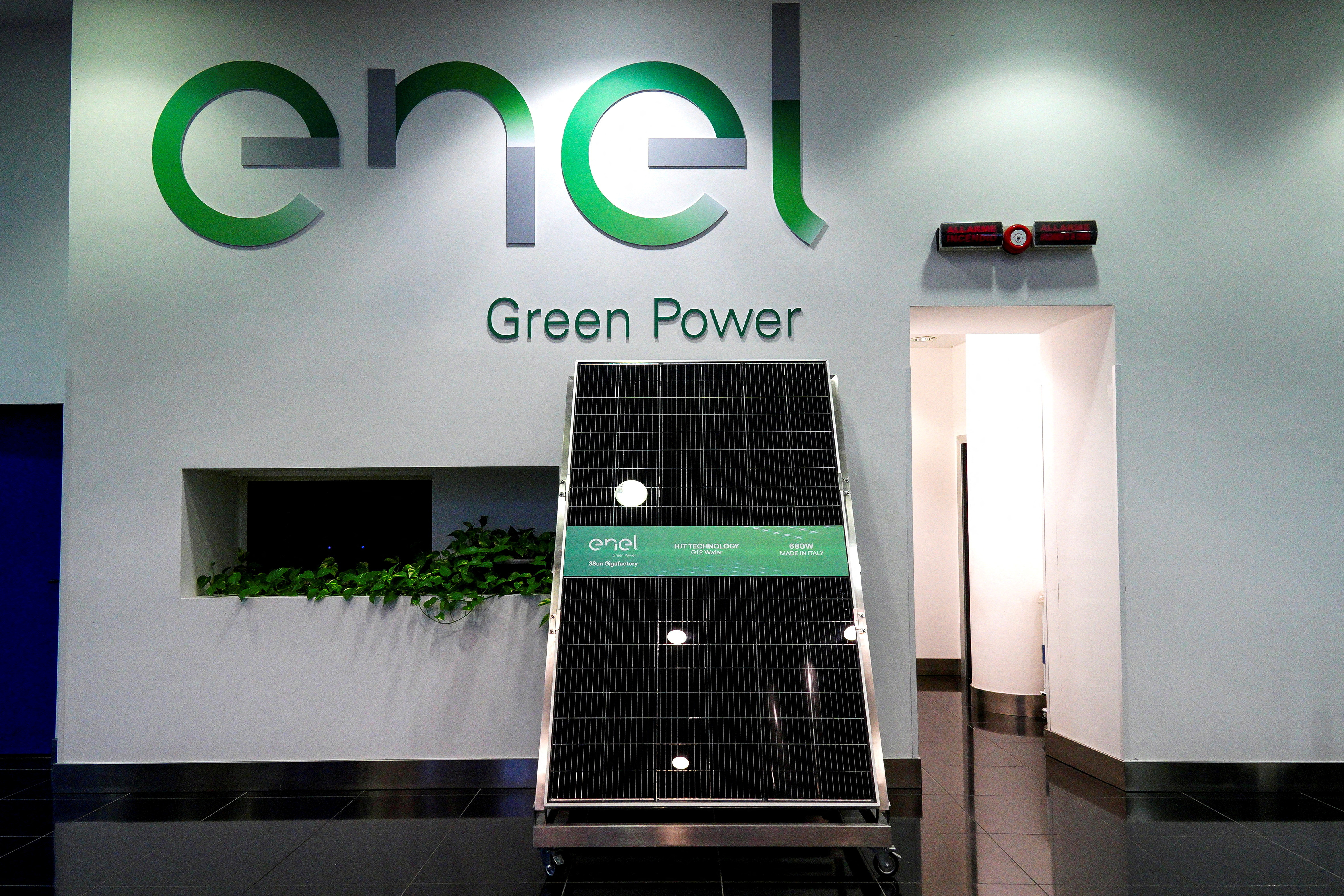 Prototype of a bifacial photovoltaic module inside Enel's solar panel gigafactory in Sicily