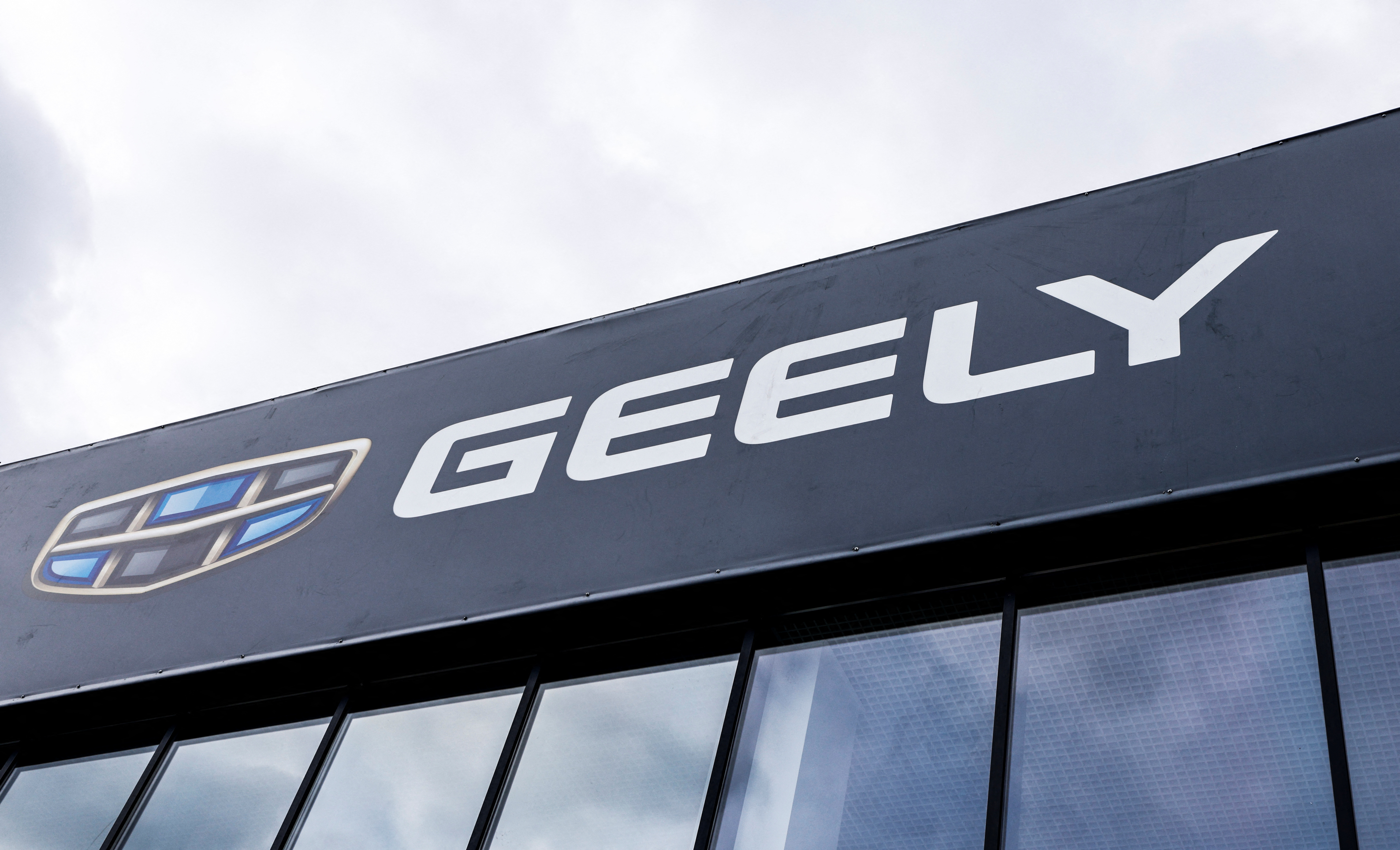 A view shows the logo of Chinese automobile manufacturer Geely at a dealership in Moscow