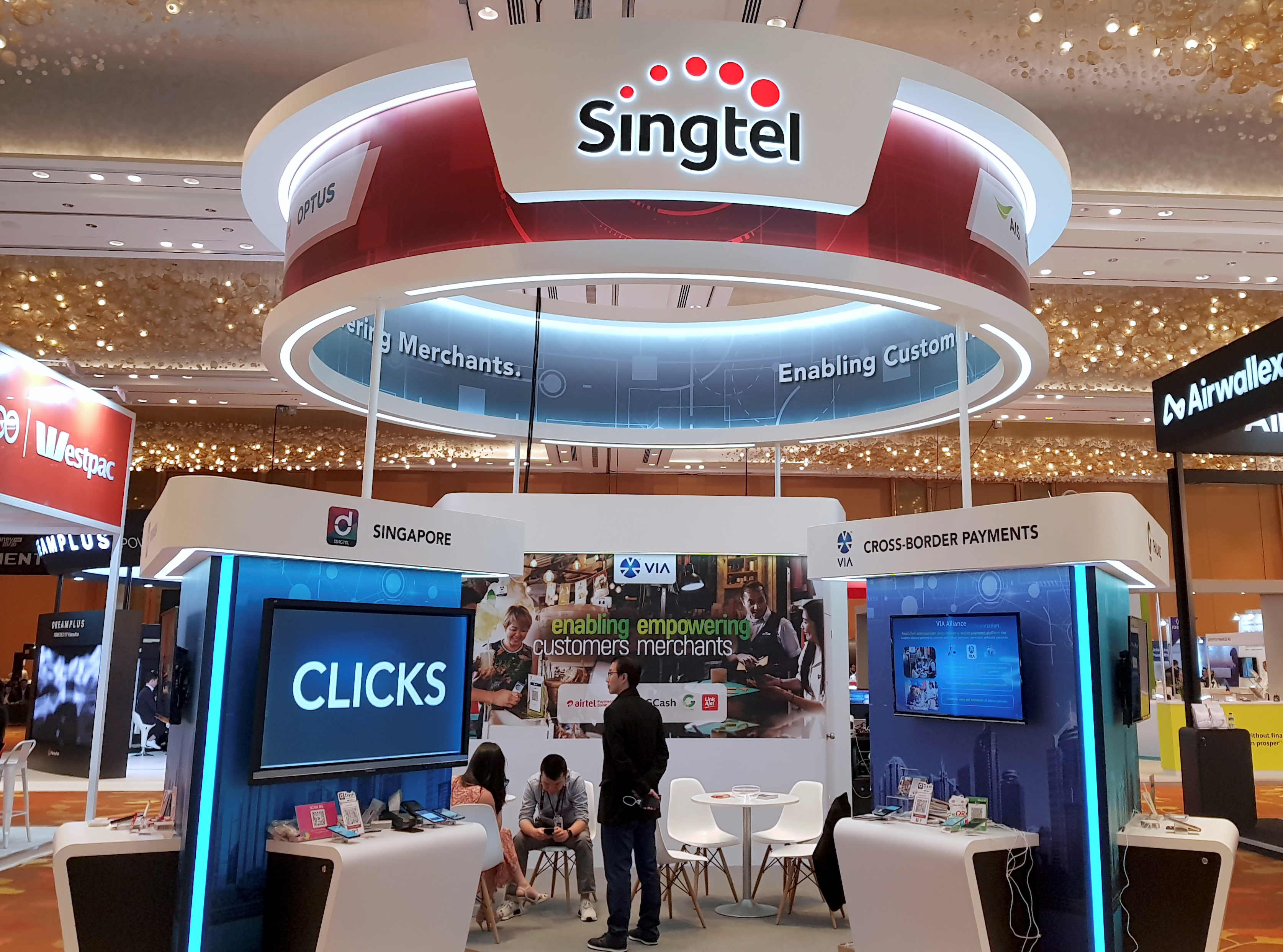 A Singtel booth is pictured at the Money 20/20 Asia Fintech Trade Show in Singapore