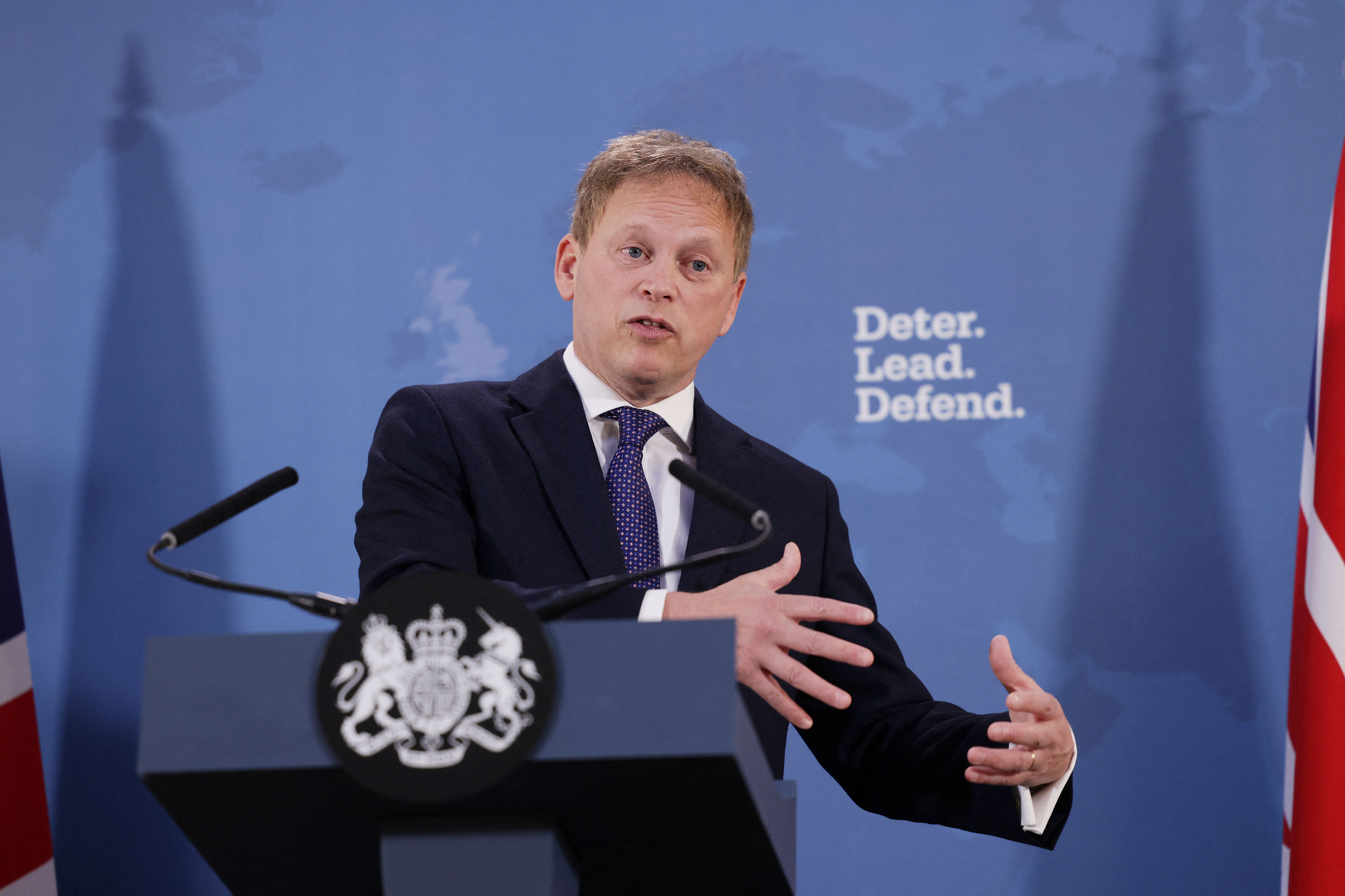 Britain's Defence Secretary Grant Shapps gives a speech at Lancaster House in London