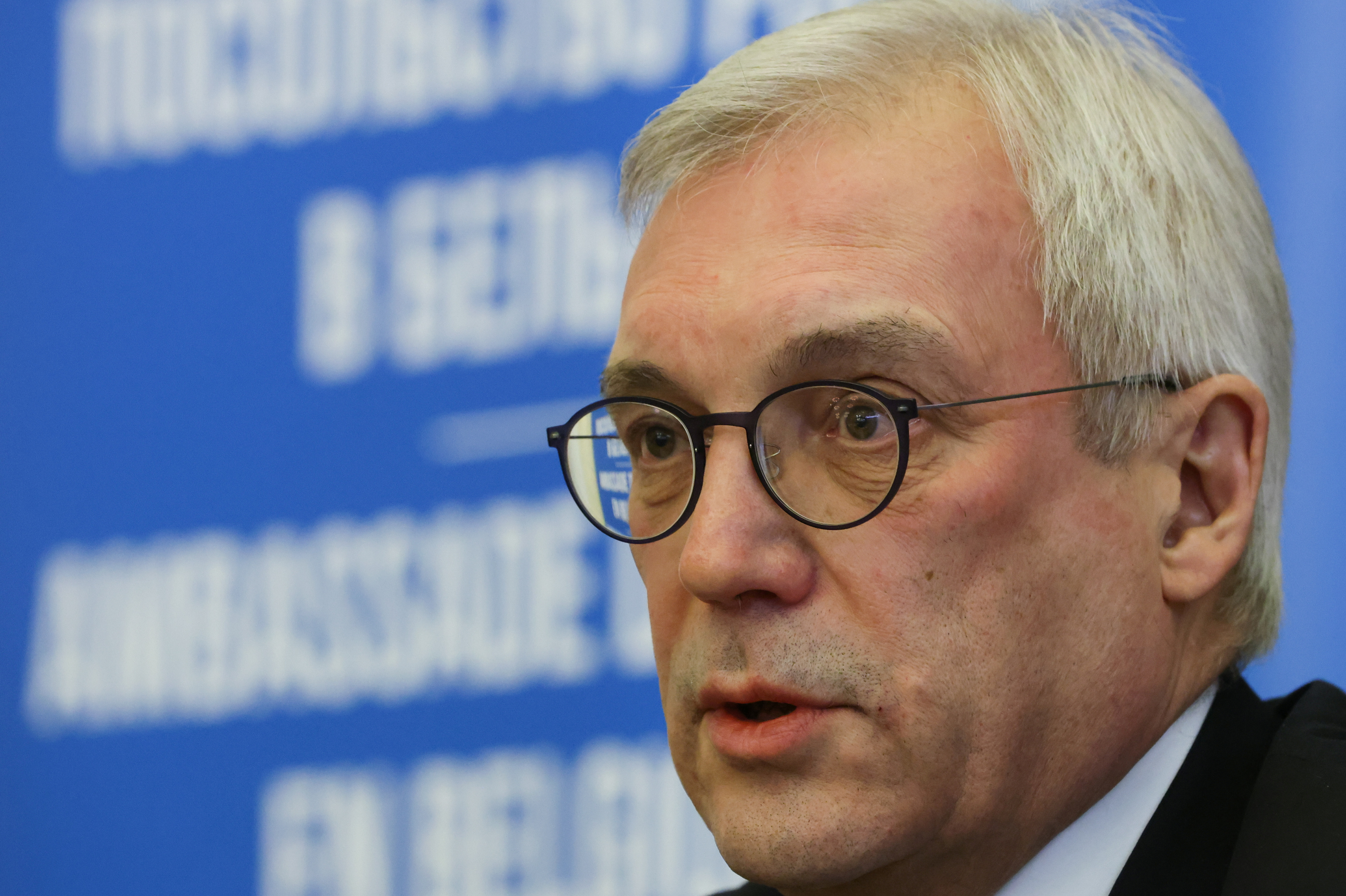 Russia's Deputy Foreign Minister Alexander Grushko holds a news conference in Brussels