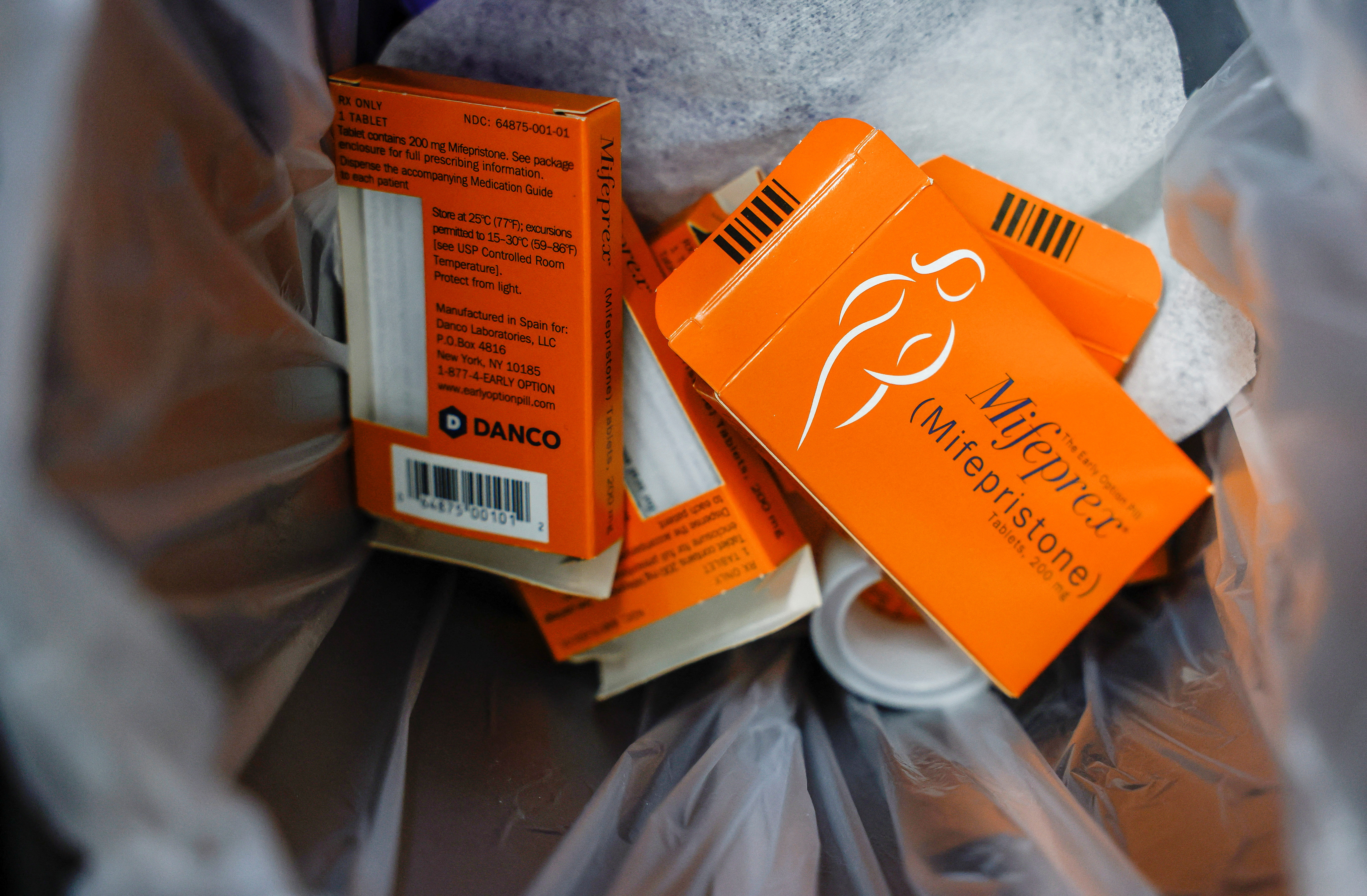 Used boxes of Mifepristone, the first pill in a medical abortion, line a trash can at Alamo Women's Clinic in Carbondale