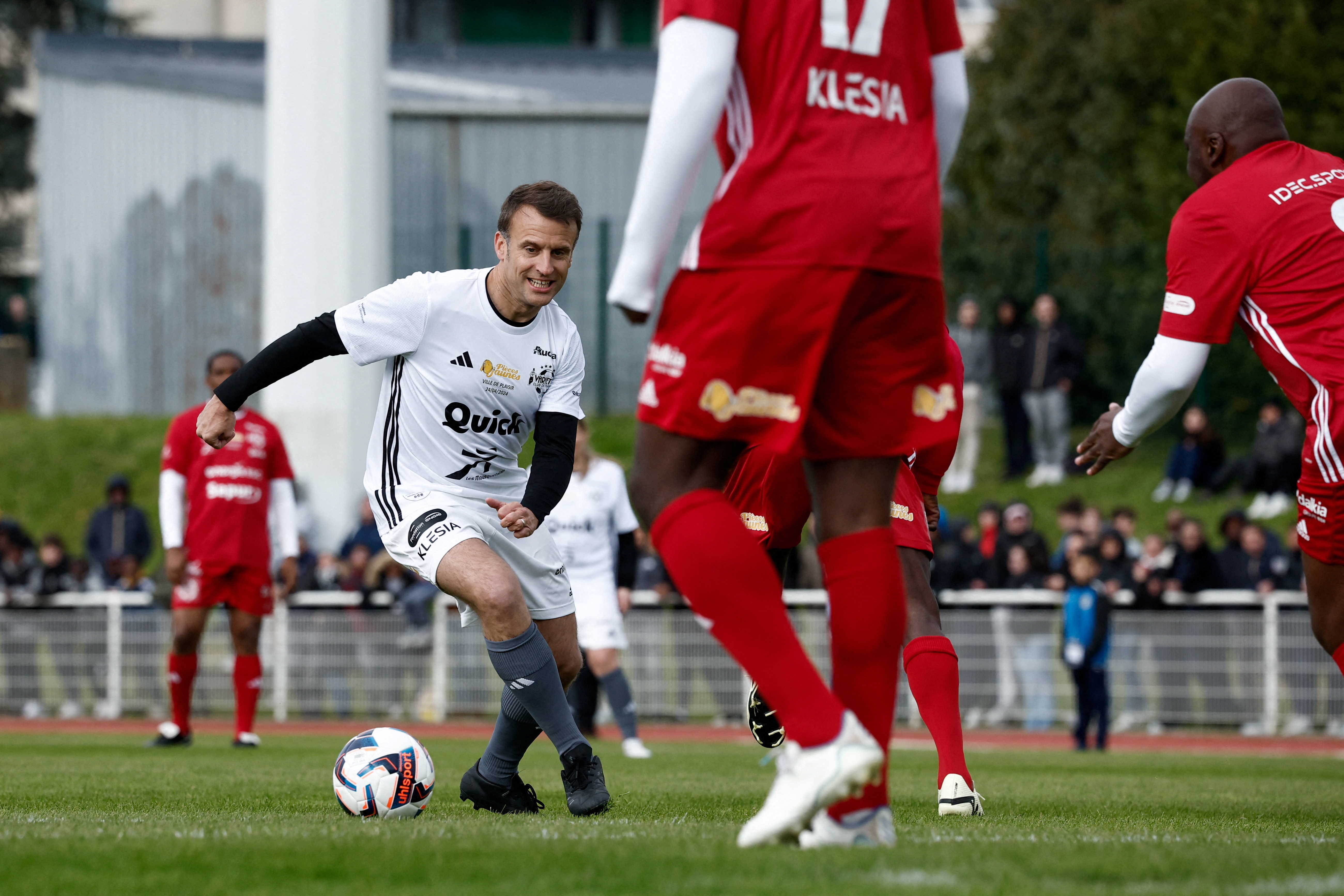 French President Macron participates in the Varietes Club charity football match, in Plaisir