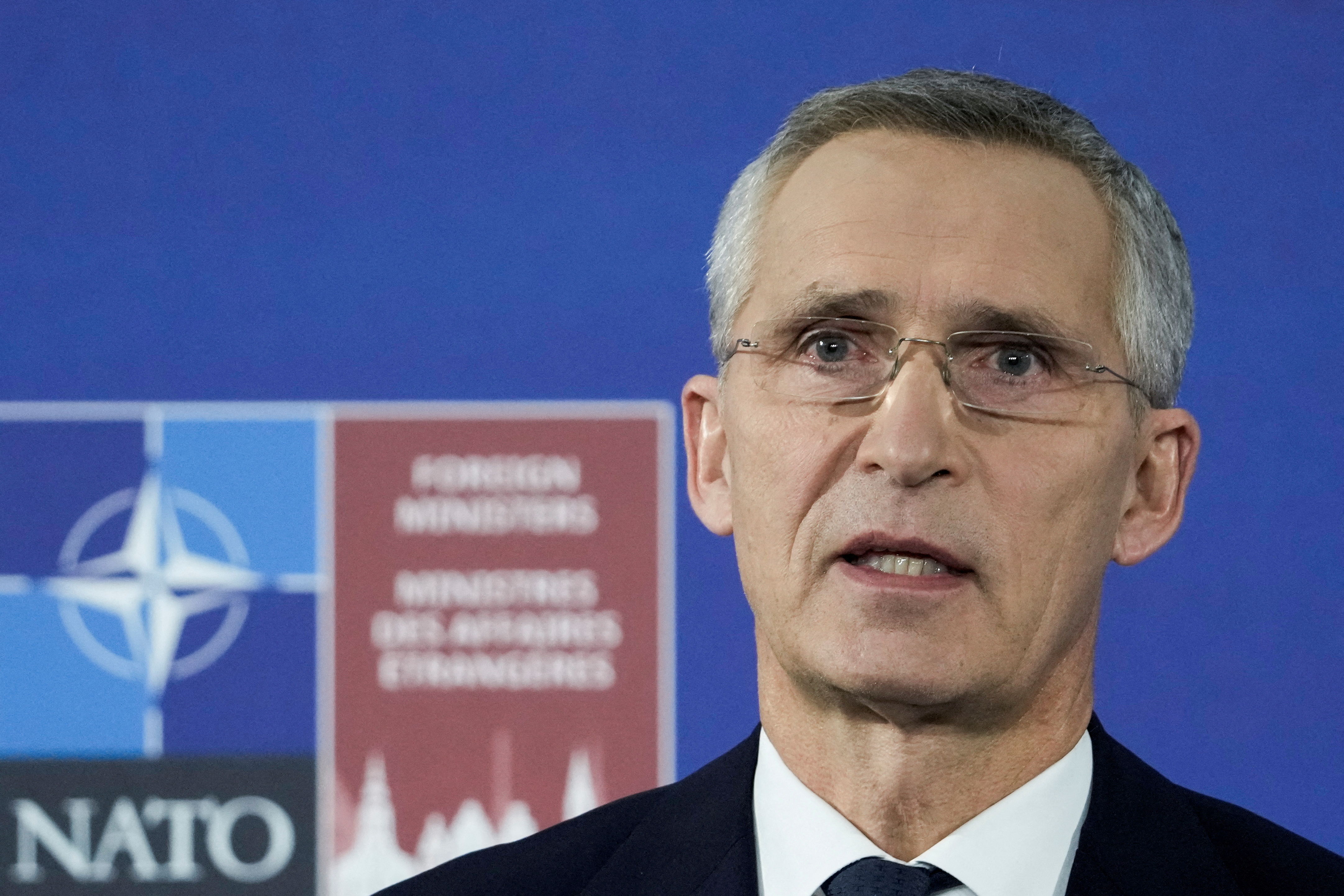 NATO Secretary General Jens Stoltenberg speaks during a news conference after the first day of a meeting of the Alliance's foreign ministers in Riga, Latvia November 30, 2021. REUTERS/Ints Kalnins/File Photo