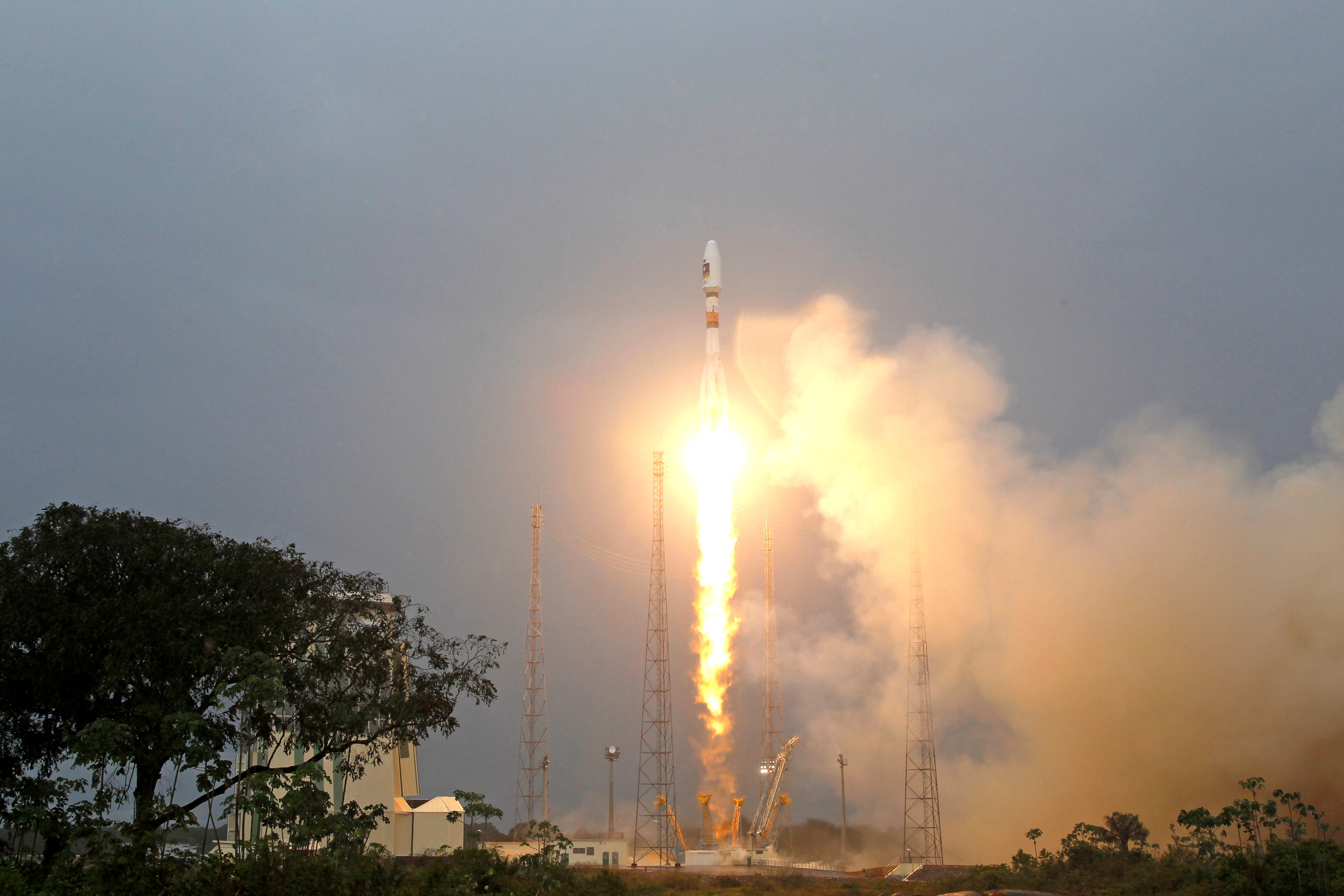 The Russian Soyuz VS01 rocket, carrying the first two satellites of Europe's Galileo navigation system, blasts off from its launchpad at the Guiana Space Center in Sinnamary