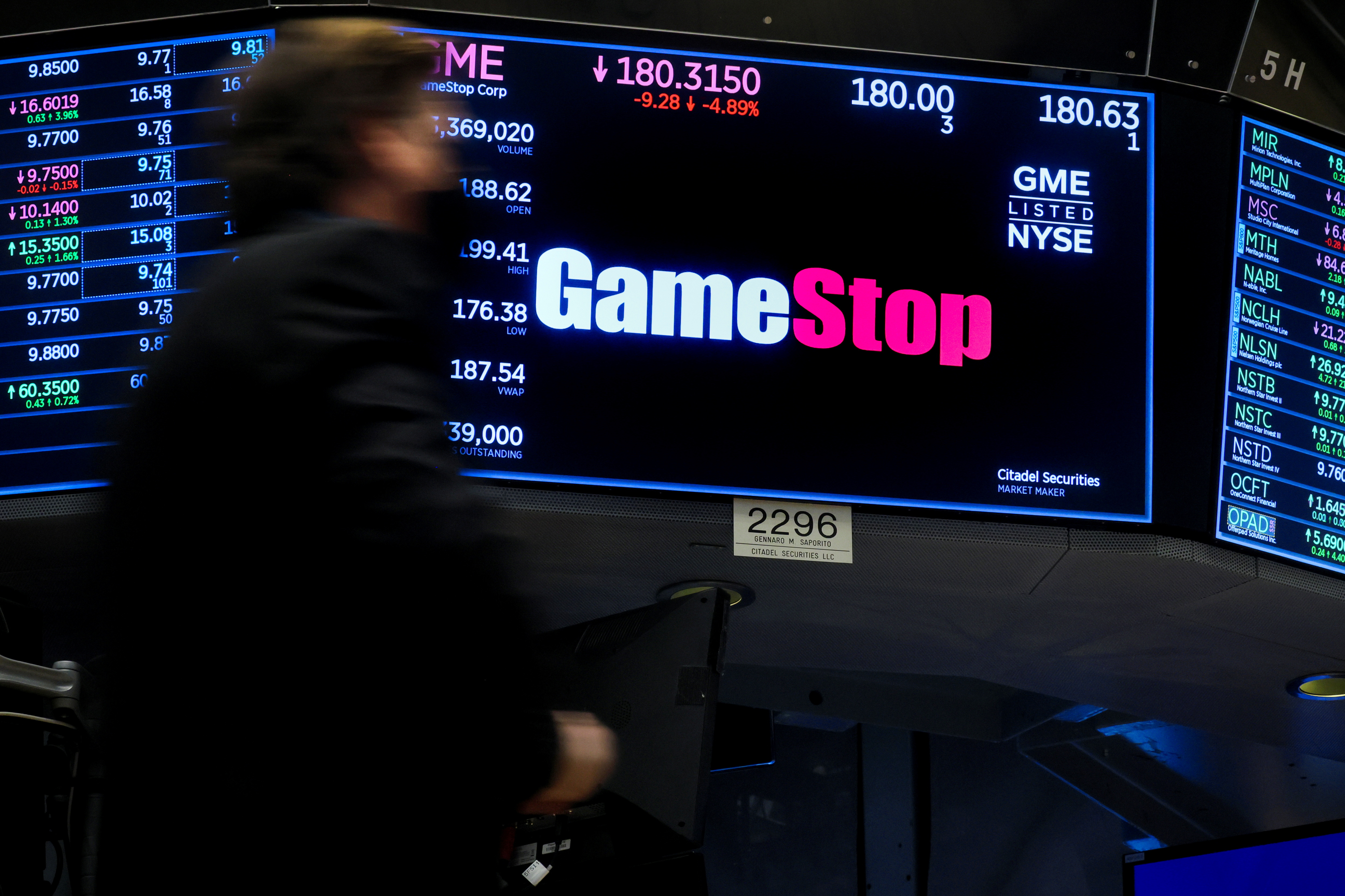 A screen displays the logo and trading information for GameStop at the NYSE  in New York