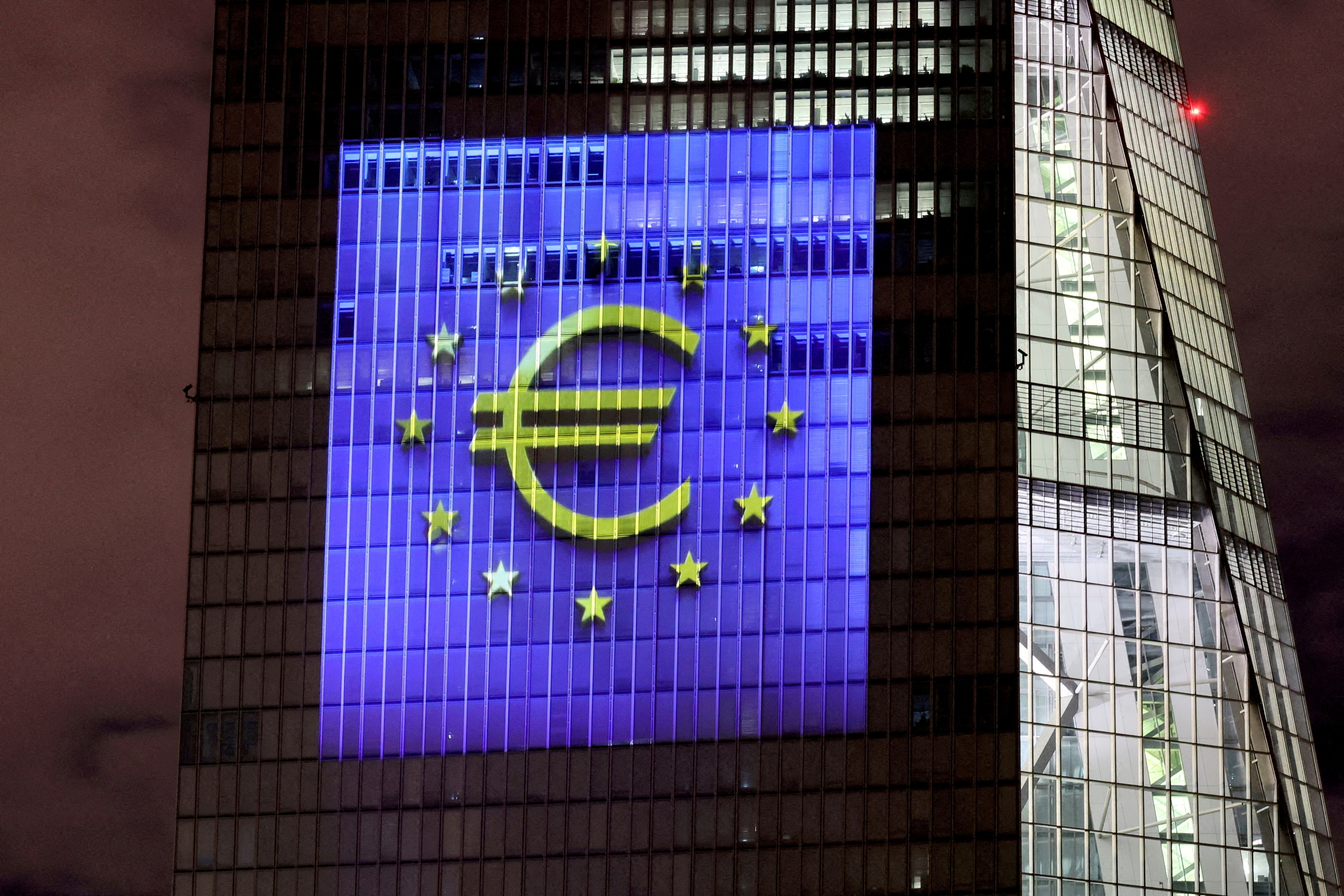 Illumination at ECB headquarters for the Euro's 20th anniversary in Frankfurt, Germany