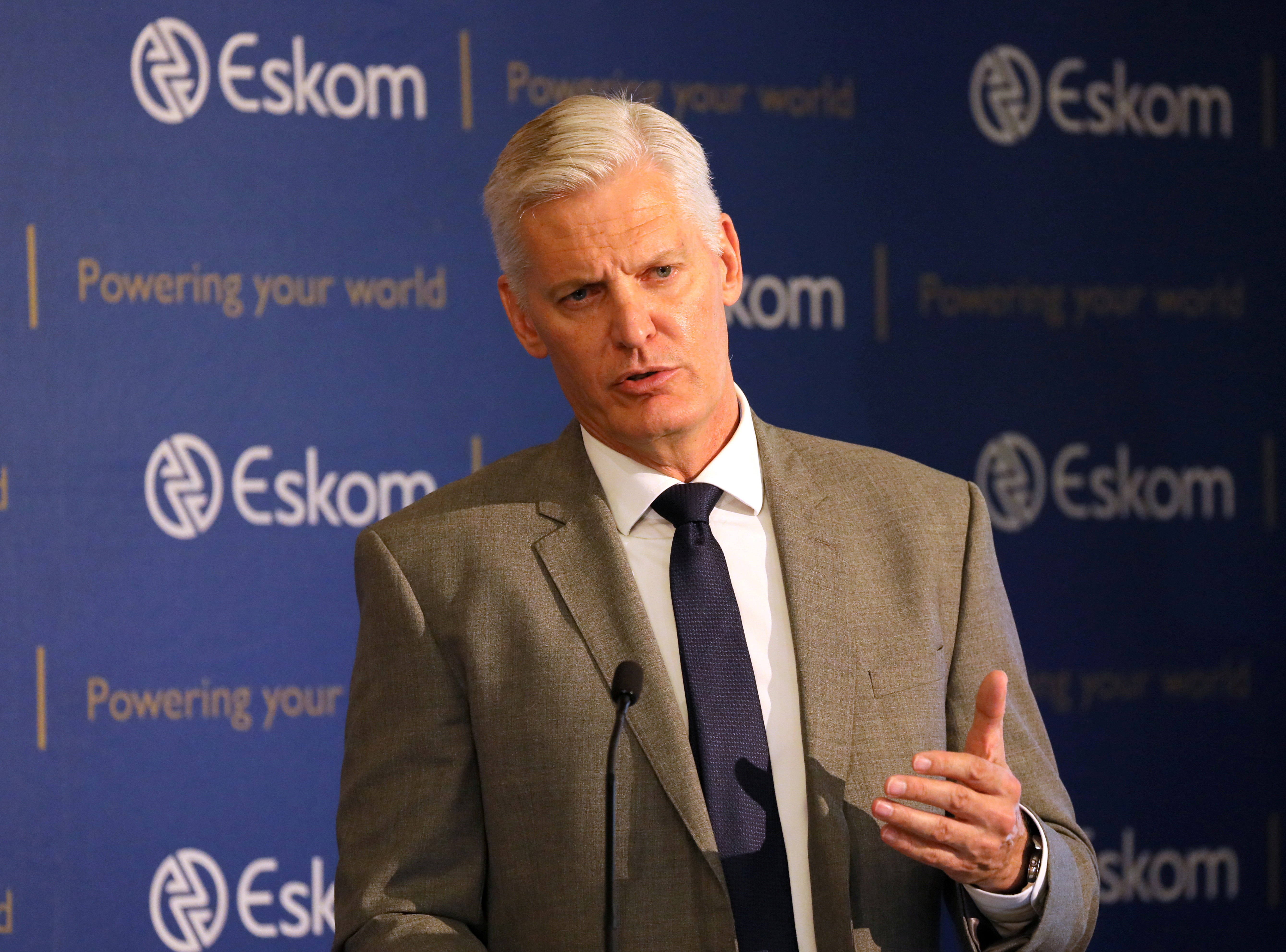 Andre de Ruyter, chief executive of state-owned power utility Eskom, speaks during a media briefing in Johannesburg, South Africa, Jan. 31, 2020. REUTERS/Sumaya Hisham