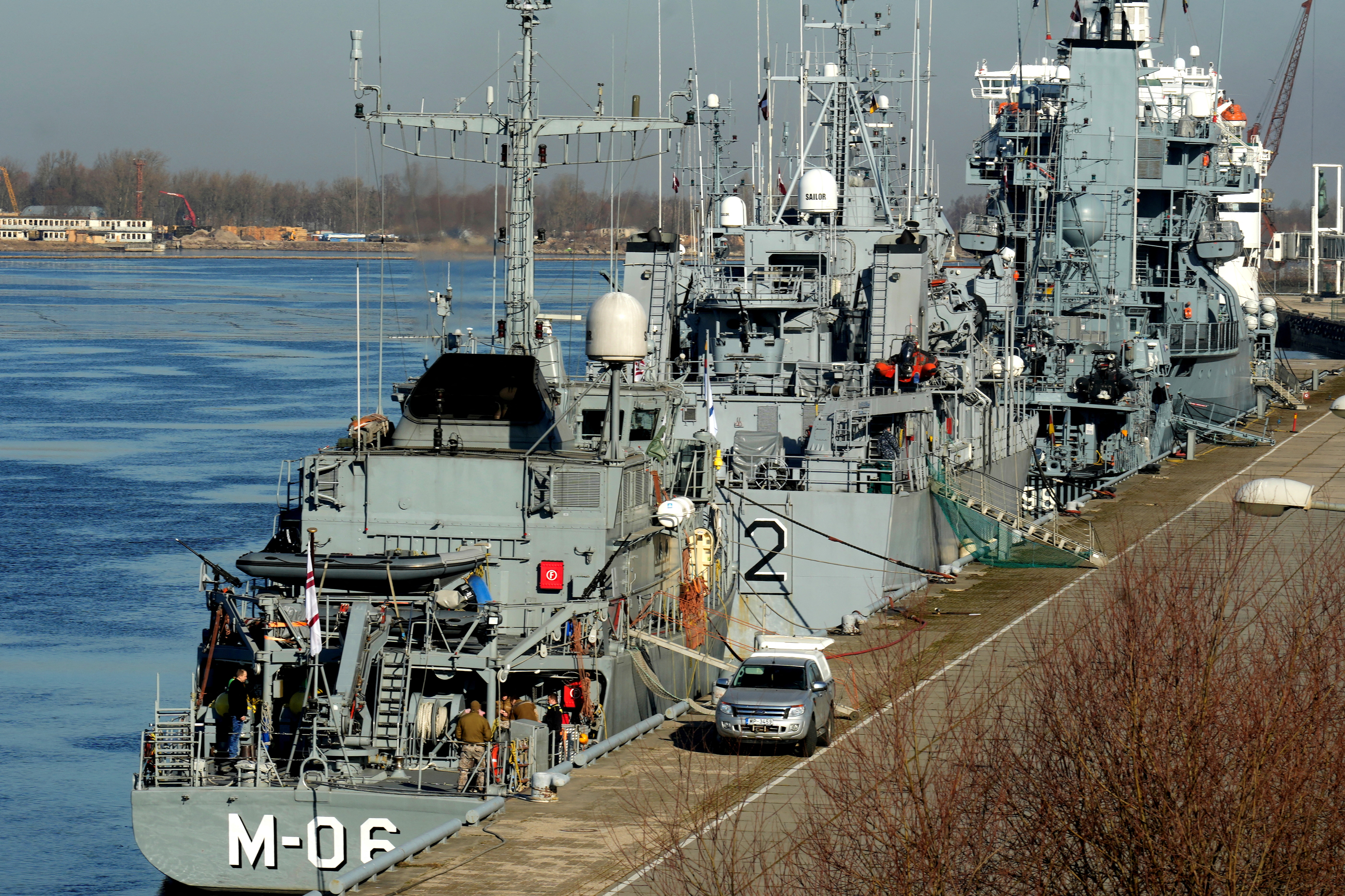 NATO warships moored for Baltic MCM Squadex 22 exercise in Riga port