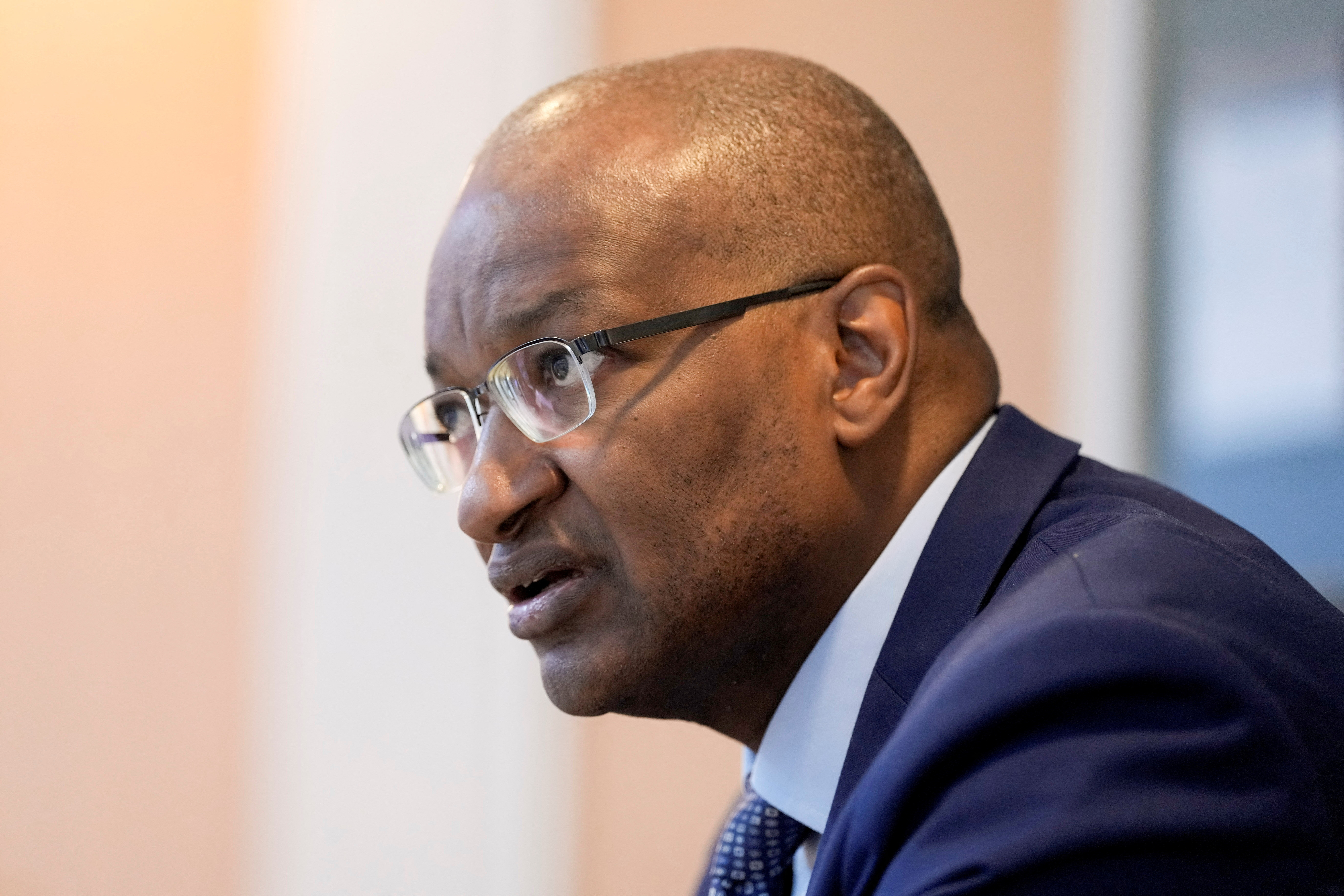Governor of the Central Bank of Kenya Patrick Njoroge speaks during an interview with Reuters at the IMF Building, in Washington