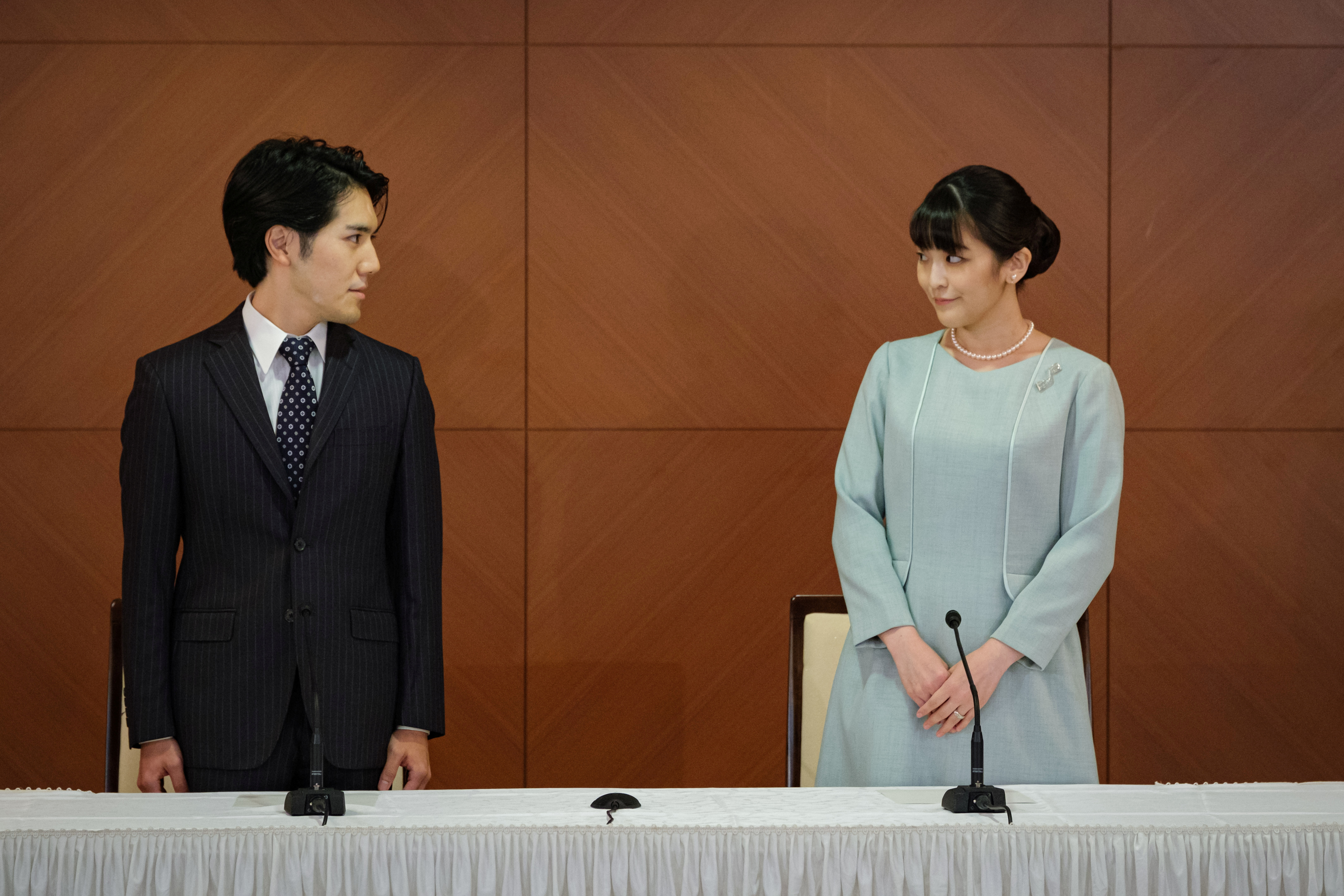 Princess Mako and Kei Komuro address a news conference in Tokyo