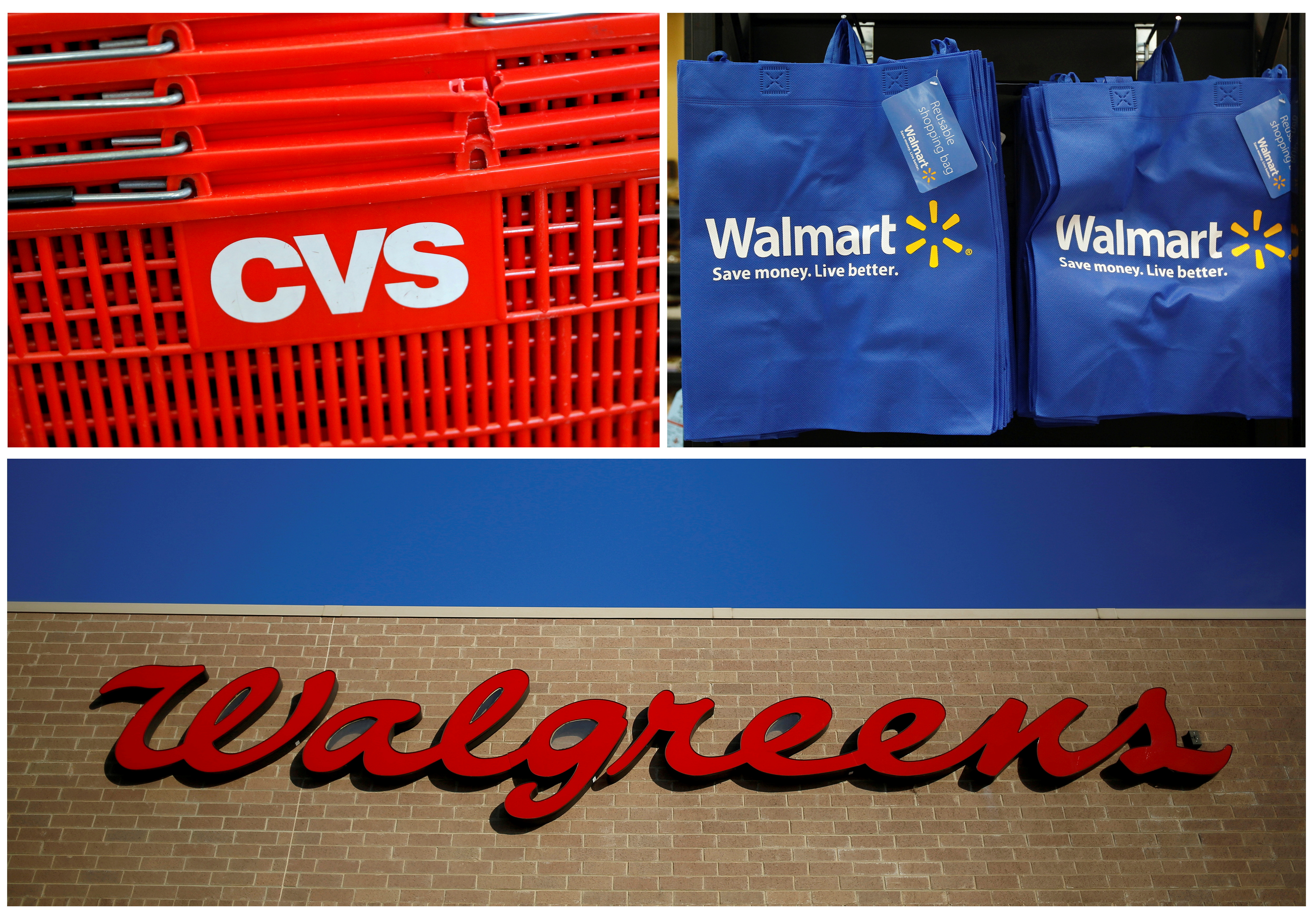 The combination photo shows a logo of CVS in Manhattan, New York, U.S., August 1, 2016, re-usable Walmart bags in a newly opened Walmart Neighborhood Market in Chicago September 21, 2011 and a Walgreens sign in the Chicago suburb of Niles, Illinois, February 10, 2015.  REUTERS/Andrew Kelly/Jim Young