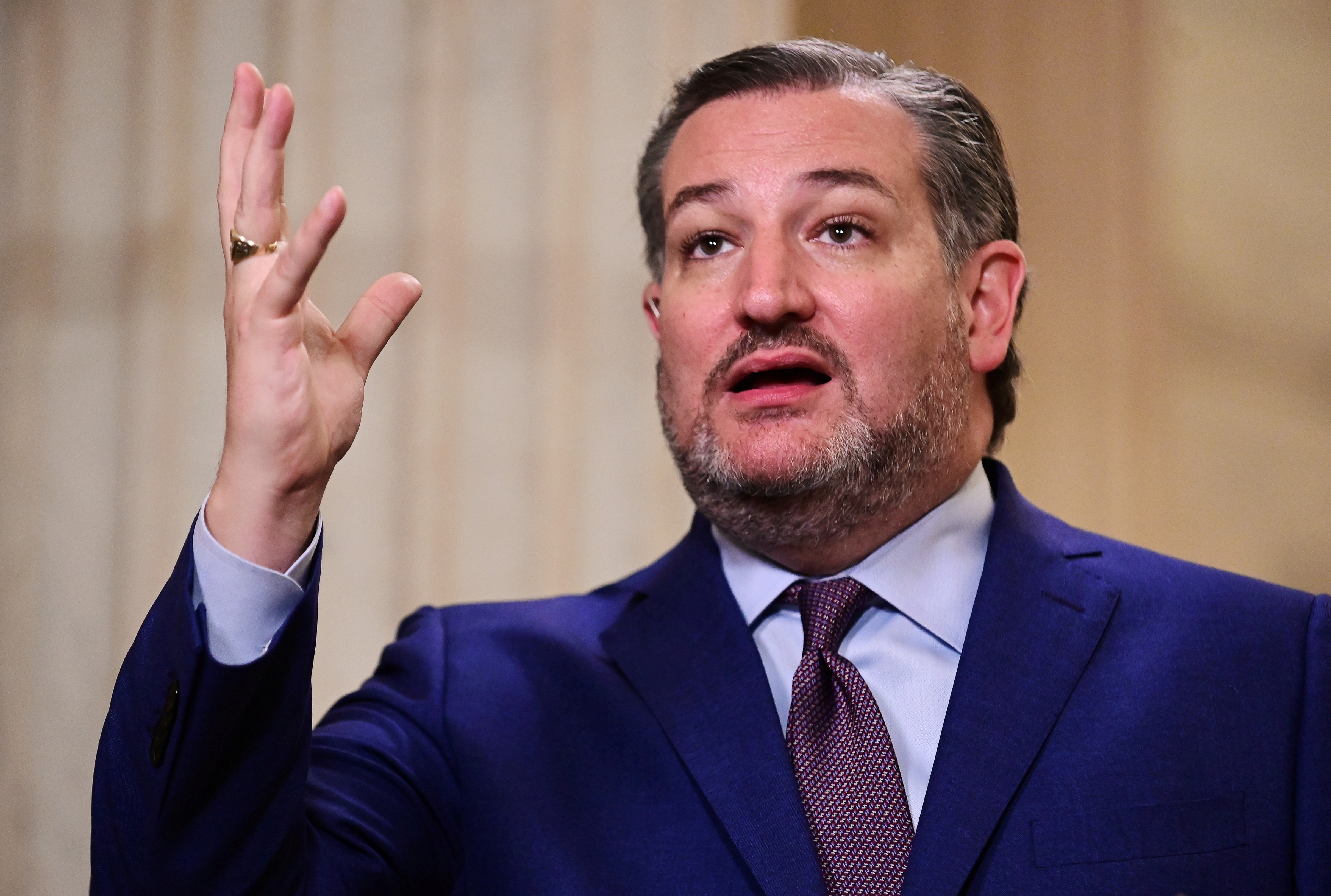U.S. Senator Ted Cruz (R-TX) attends a television interview in response to U.S. President Joe Biden's first address to a joint session of the U.S. Congress, at the U.S. Capitol in Washington