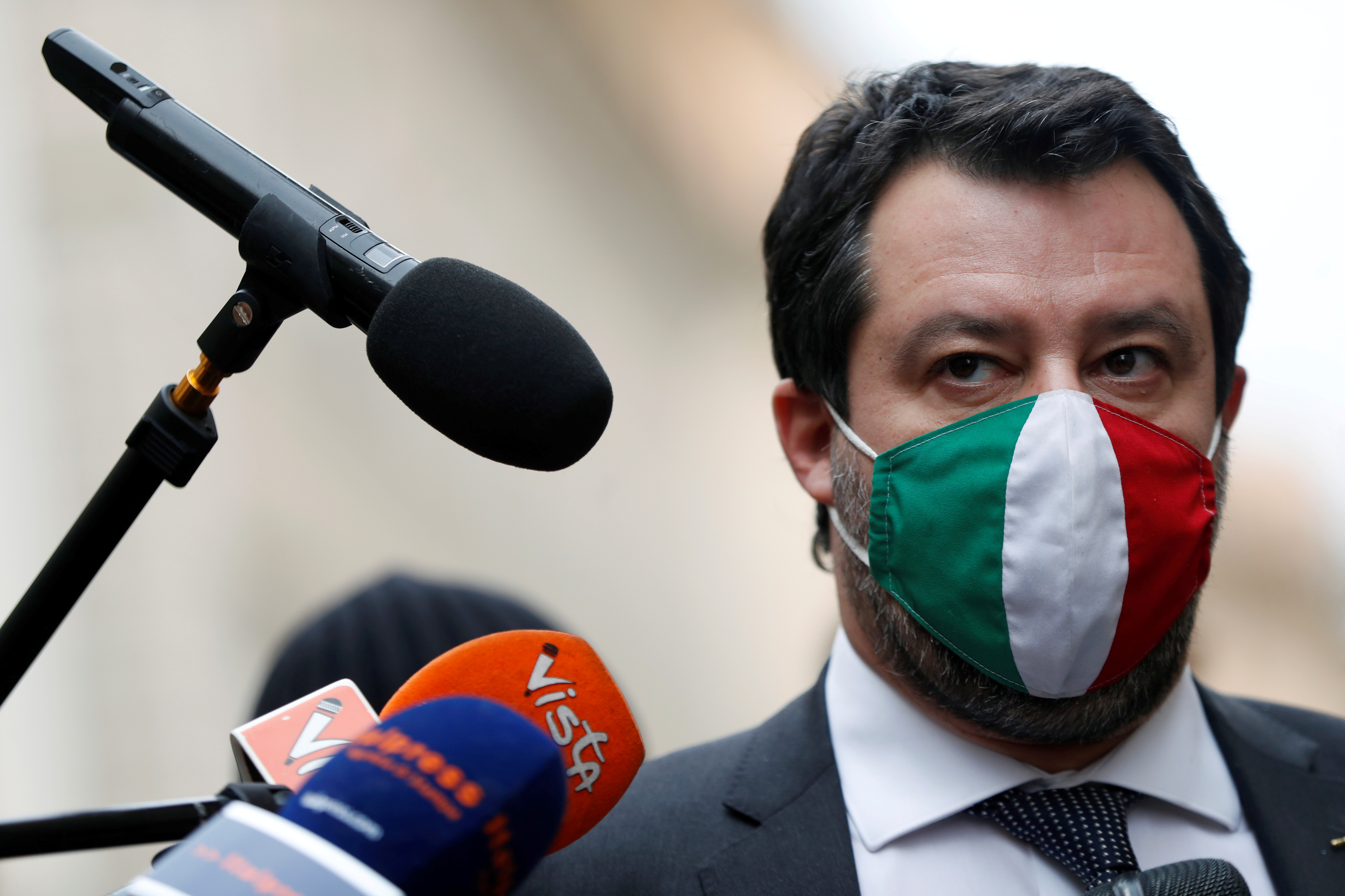 Leader of Italy's far-right League party Matteo Salvini speaks to the media, in Rome