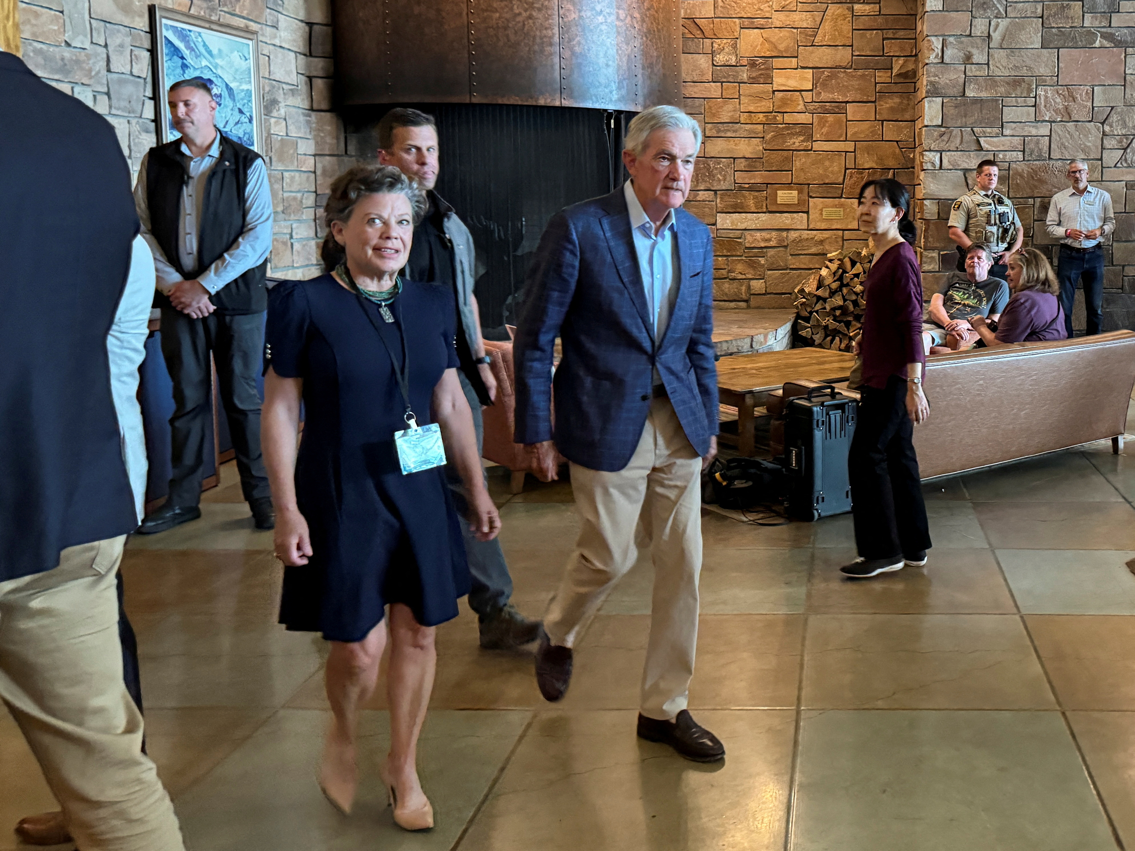 Federal Reserve Chair Jerome Powell heads into the opening dinner at the Kansas City Fed’s annual economic symposium in Jackson Hole