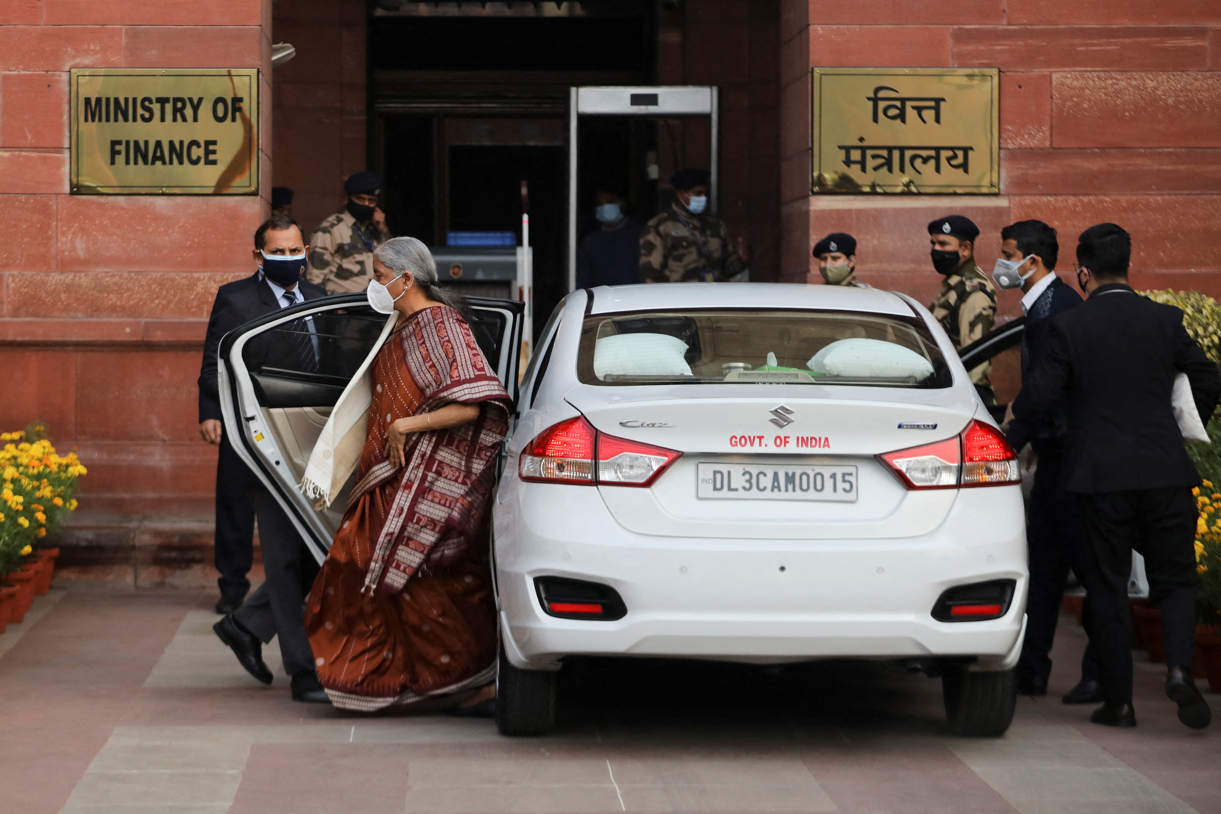 India's Finance Minister Nirmala Sitharaman arrives at the finance ministry before presenting the federal budget