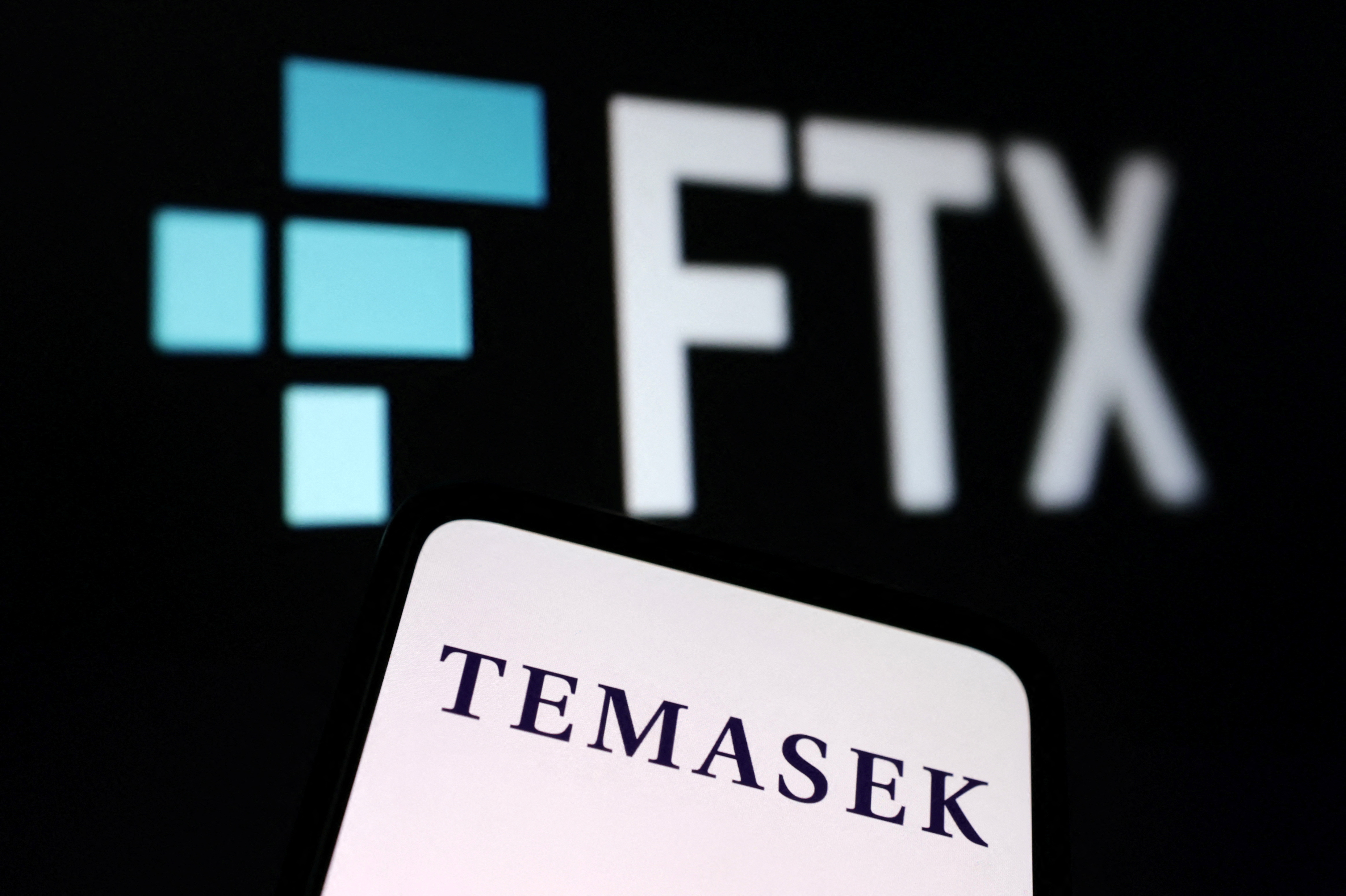 Illustration shows FTX and Temasek logos