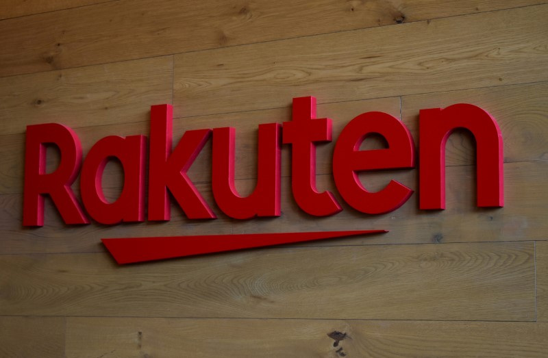The logo of Rakuten is pictured at the headquarters of Rakuten in Tokyo