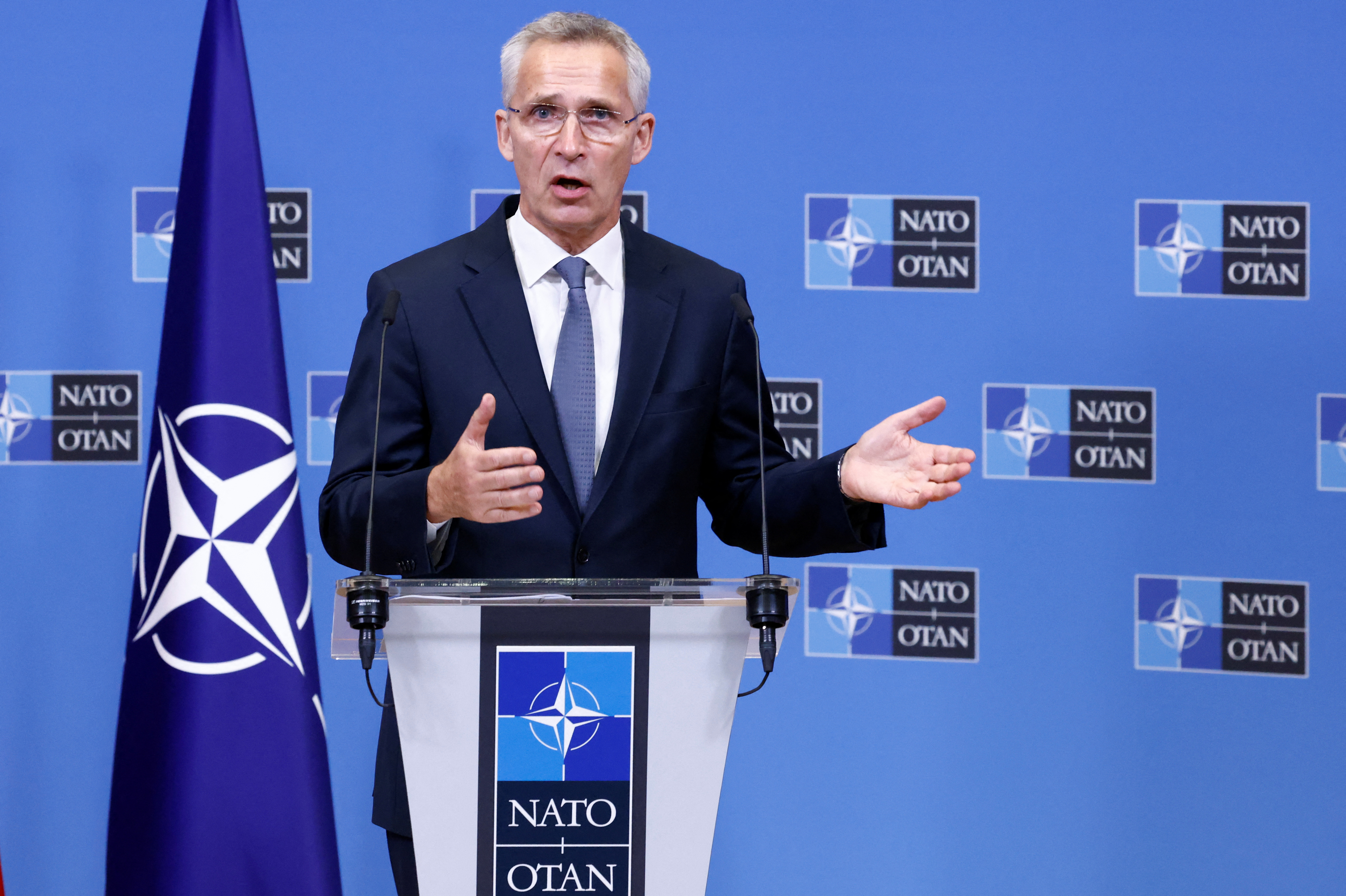 FILE PHOTO - Romanian PM Nicolae Ciuca and NATO Secretary General Jens Stoltenberg hold a joint news conference, in Brussels
