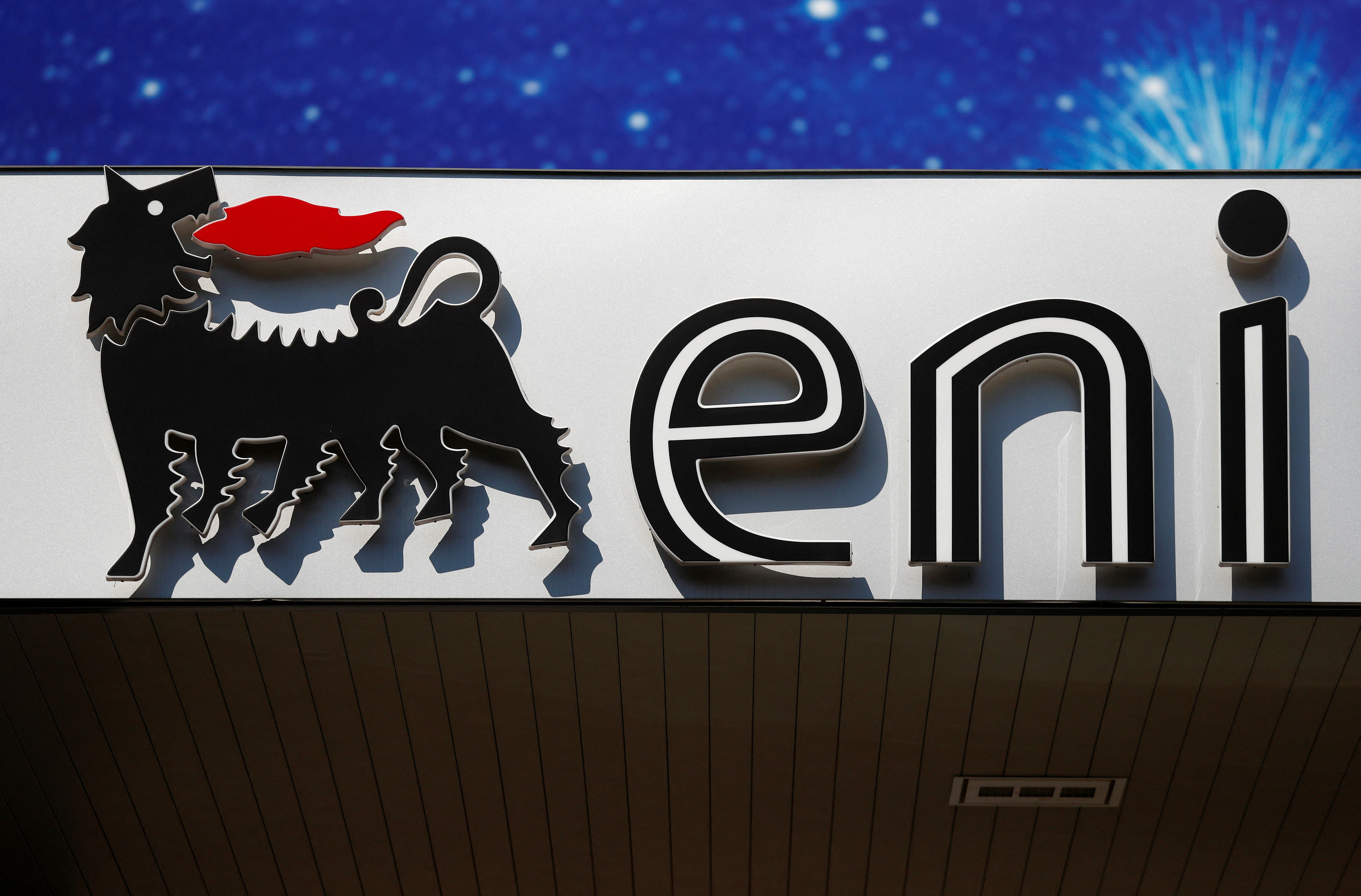 The logo of Italian energy company Eni is seen at a gas station in Rome