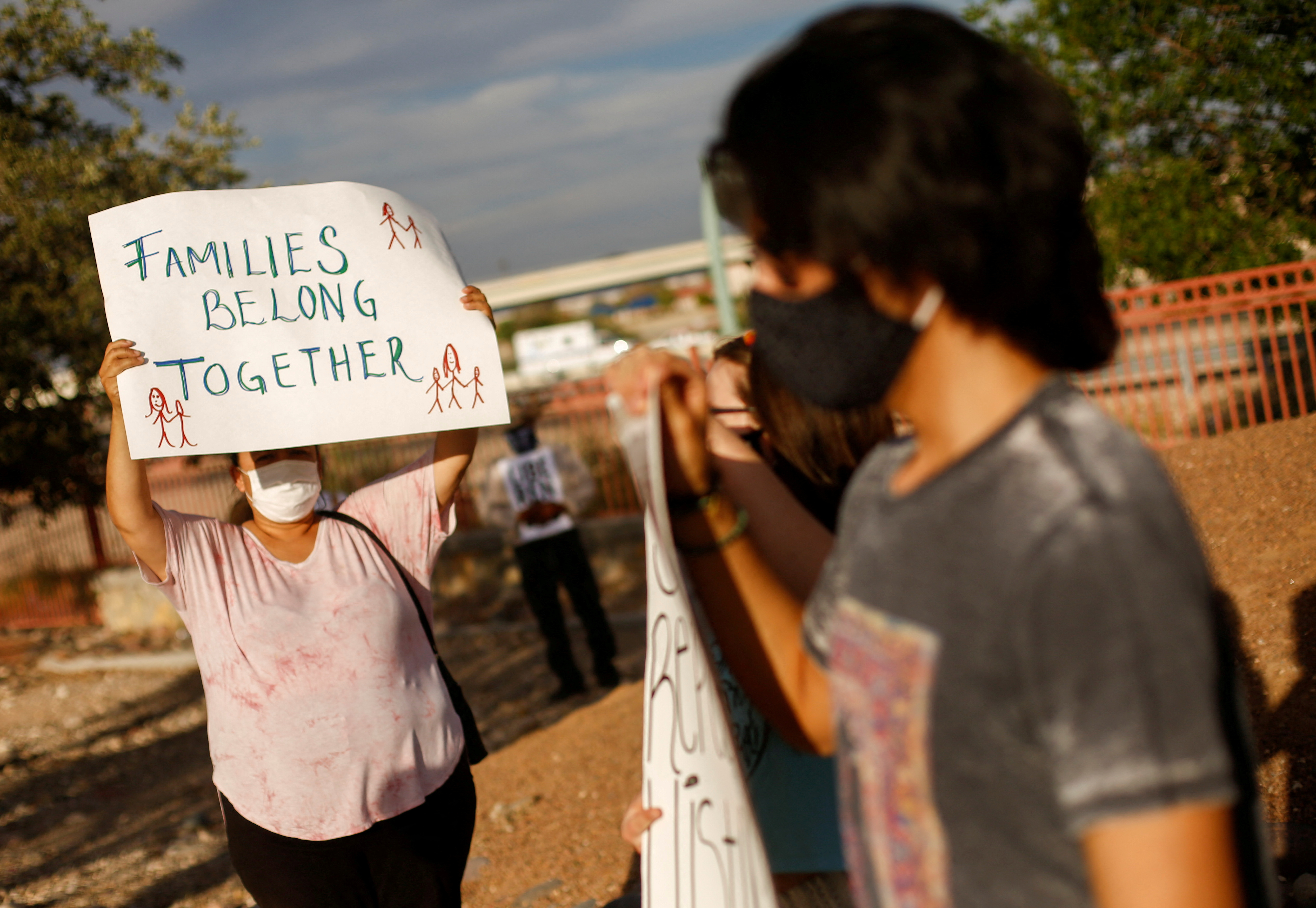 Activists defending the rights of migrants hold a protest near Fort Bliss to call for the end of the detention of unaccompanied minors at the facility in El Paso