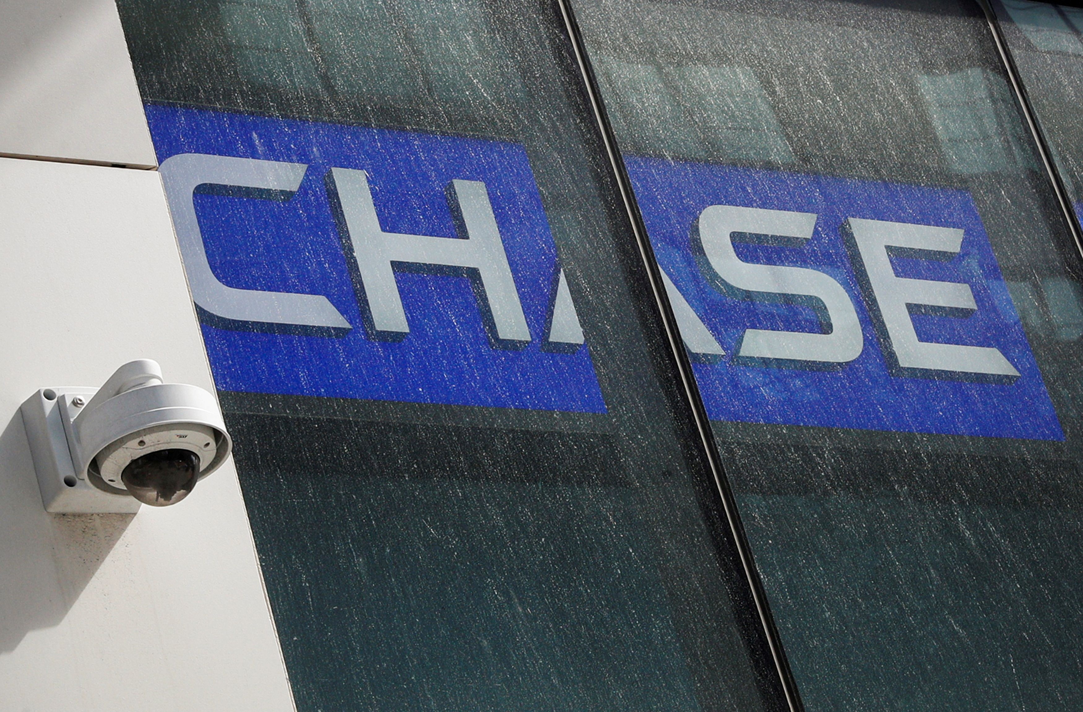 A camera is seen on the exterior of a Chase Bank branch in New York