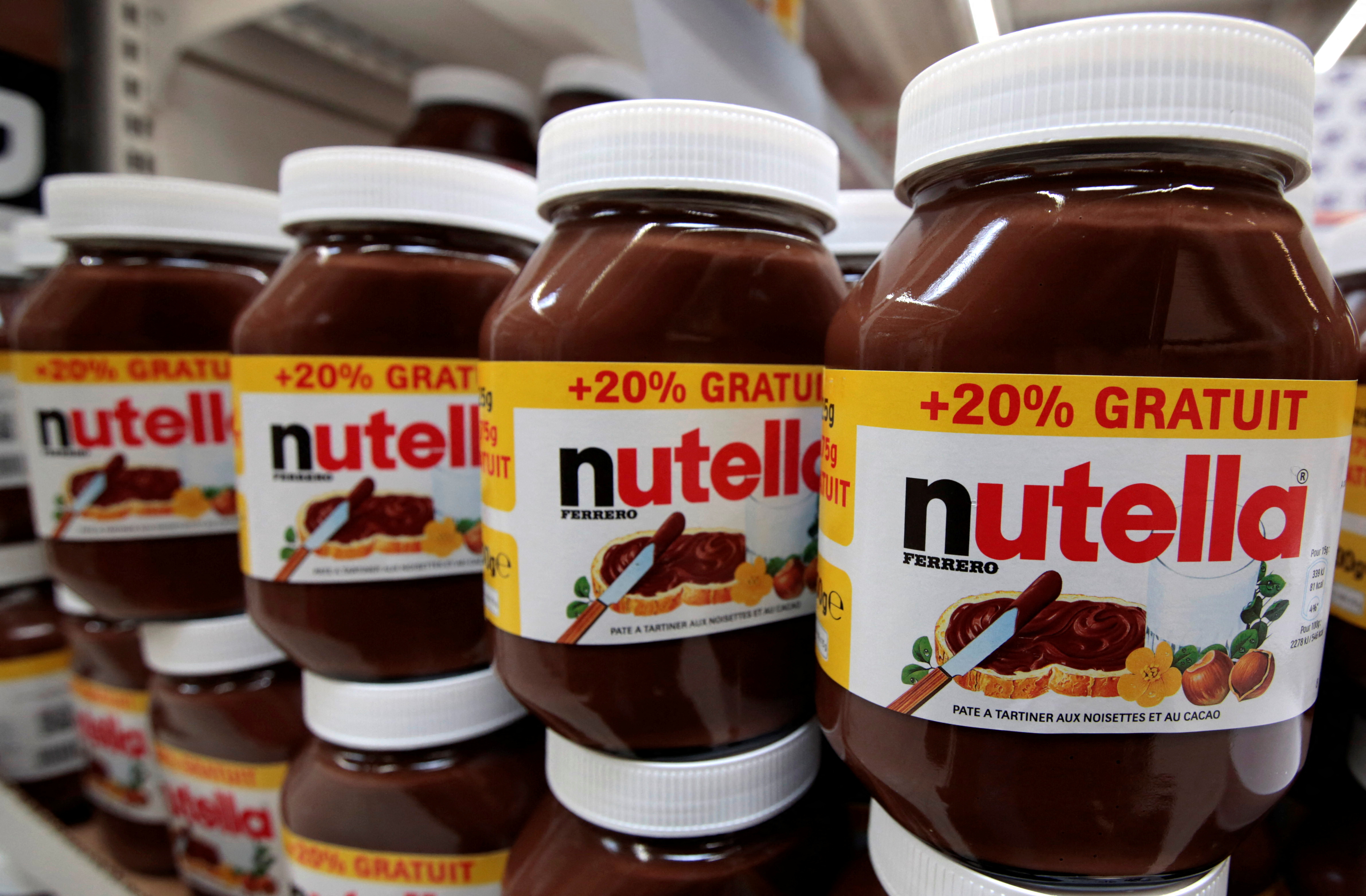 Jars of Nutella chocolate-hazelnut paste are displayed at a Carrefour hypermarket in Nice