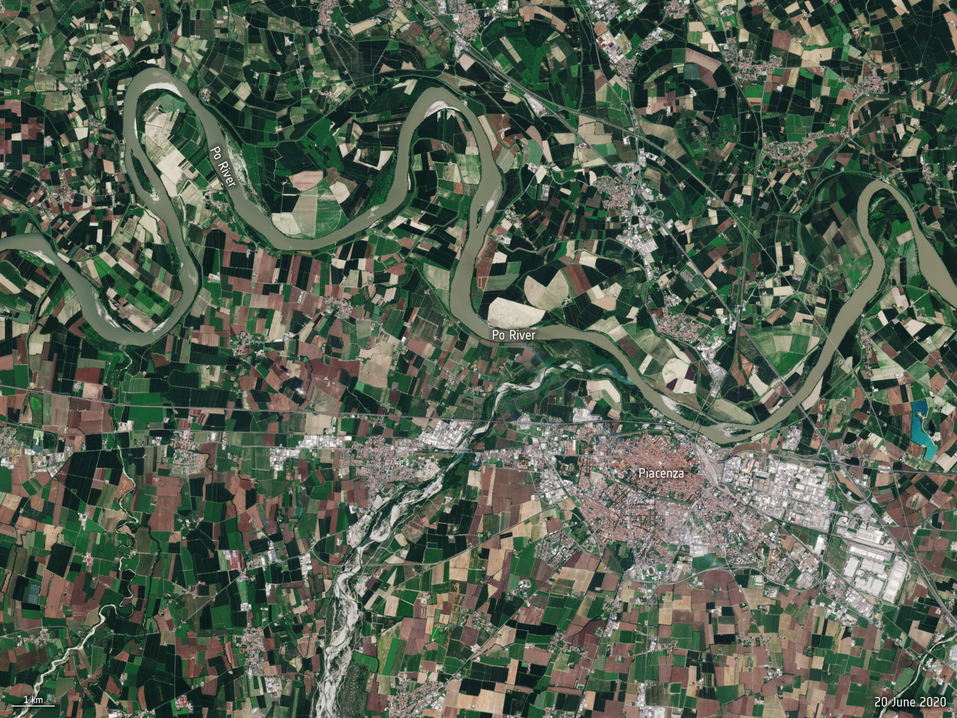 A Copernicus Sentinel-2 satellite image shows Po River water levels in northern Italy
