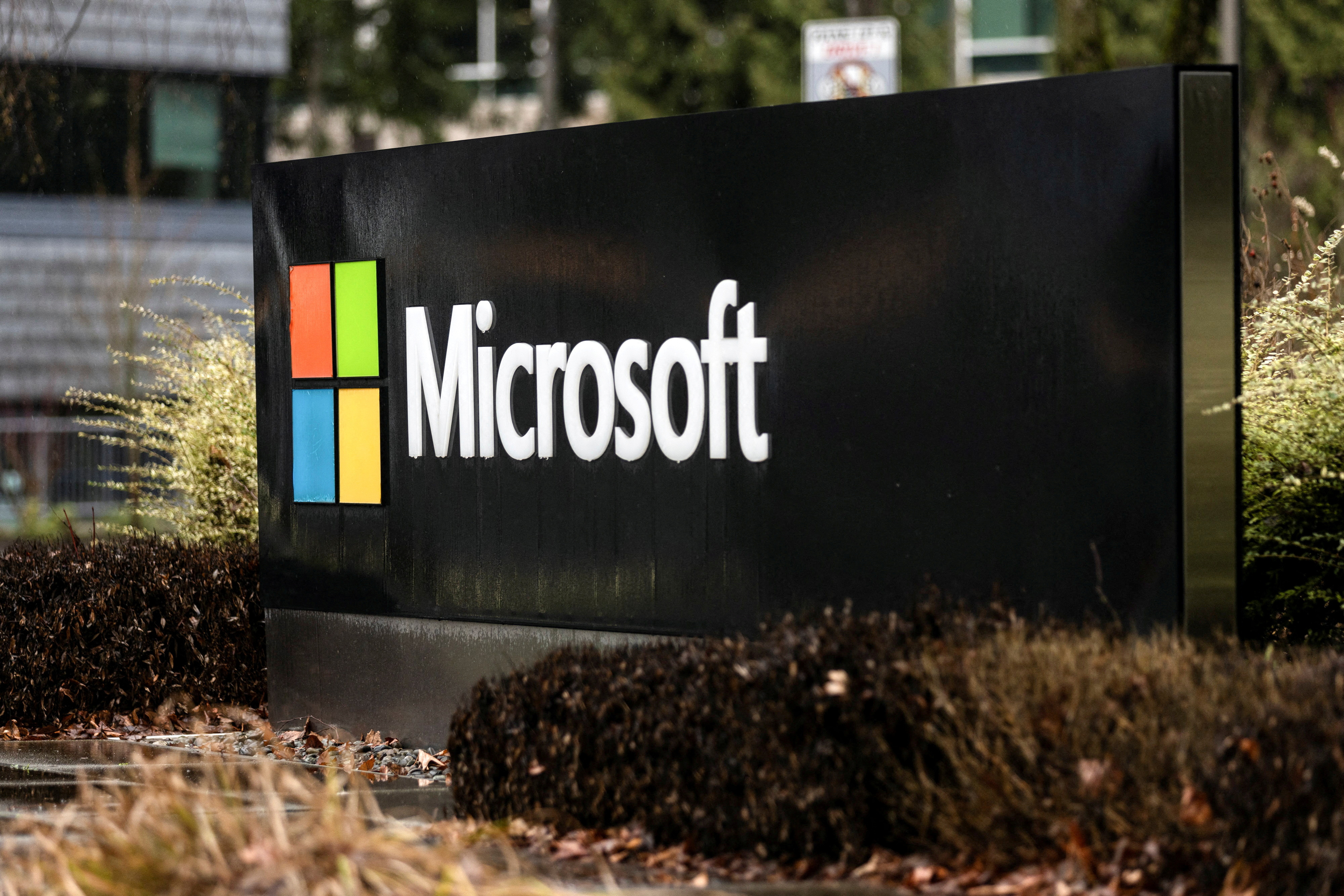 Microsoft signage is seen at the company's headquarters in Redmond